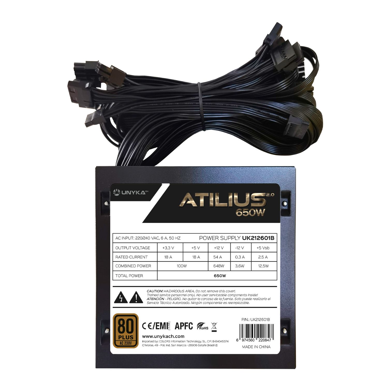 UK212601 - Fuente Unyka Atilius 2.0 ATX 650W APFC 120mm 24-pin Molex PCIe 80 Plus Bronze Negra (UK212601)