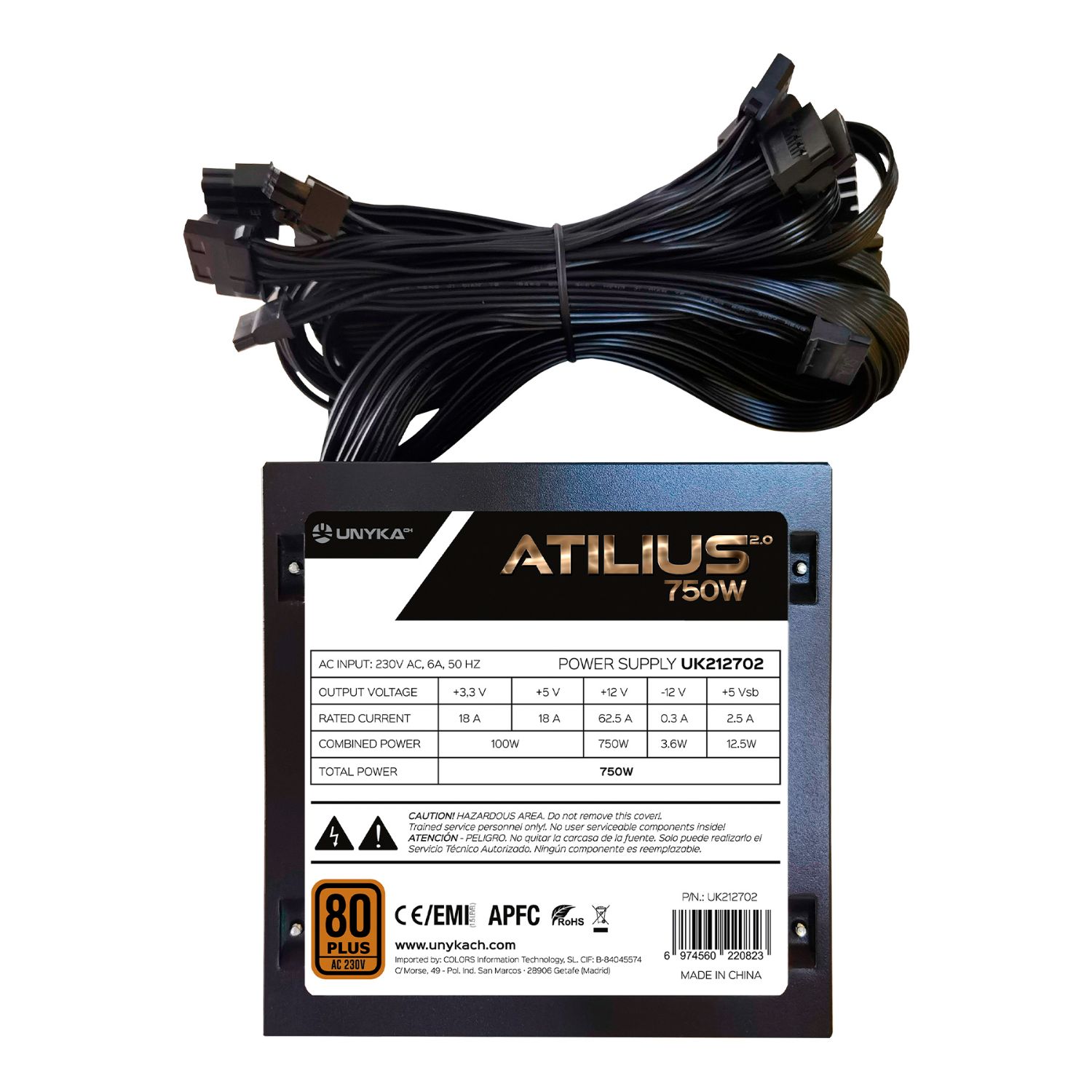 UK212701 - Fuente Unyka Atilius 2.0 ATX 750W APFC 120mm 24-pin Molex PCIe 80 Plus Bronze Negra (UK212701)