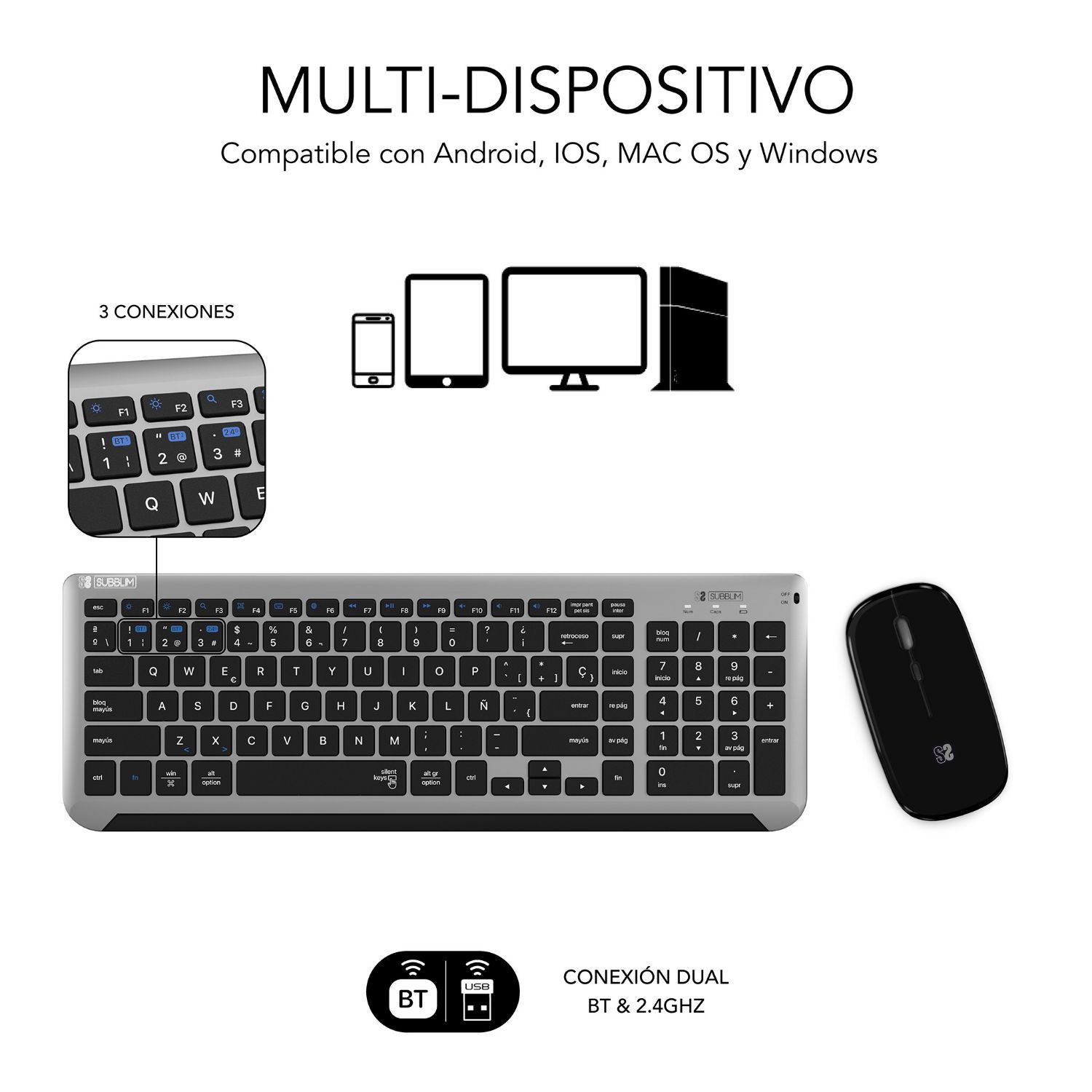 SUBKBC-DCEP20 - Teclado+Ratn SUBBLIM Combo Dual Prestige Extendido Ergonmico Multimedia Multidispositivo 102 Teclas QWERTY Bluetooth 5.0 RF 2.4GHz Ambidextro ptico 1600dpi 4 Botones Negro/Gris (SUBKBC-DCEP20)