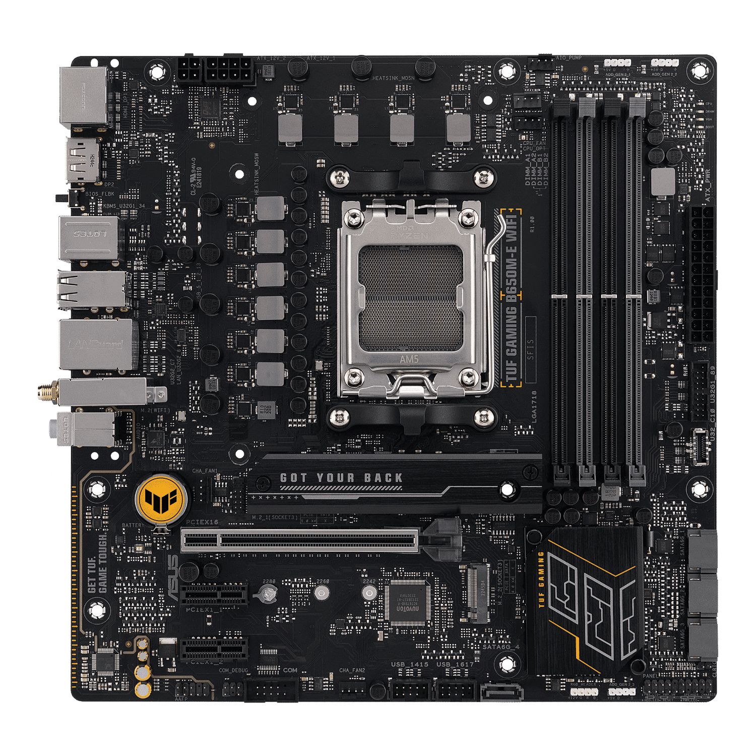90MB1FV0-M0EAY0 - Placa base ASUS TUF GAMING B650M-E WIFI: (AM5) 4DDR5 SATA3 M.2 PCIe USB 2.0 USB-A 3.0/3.1 USB-C 3.1 HDMI DP RJ45 PS/2 7.1 mATX WiFi 6 Bluetooth 5.2 Gigabit Ethernet 2.5