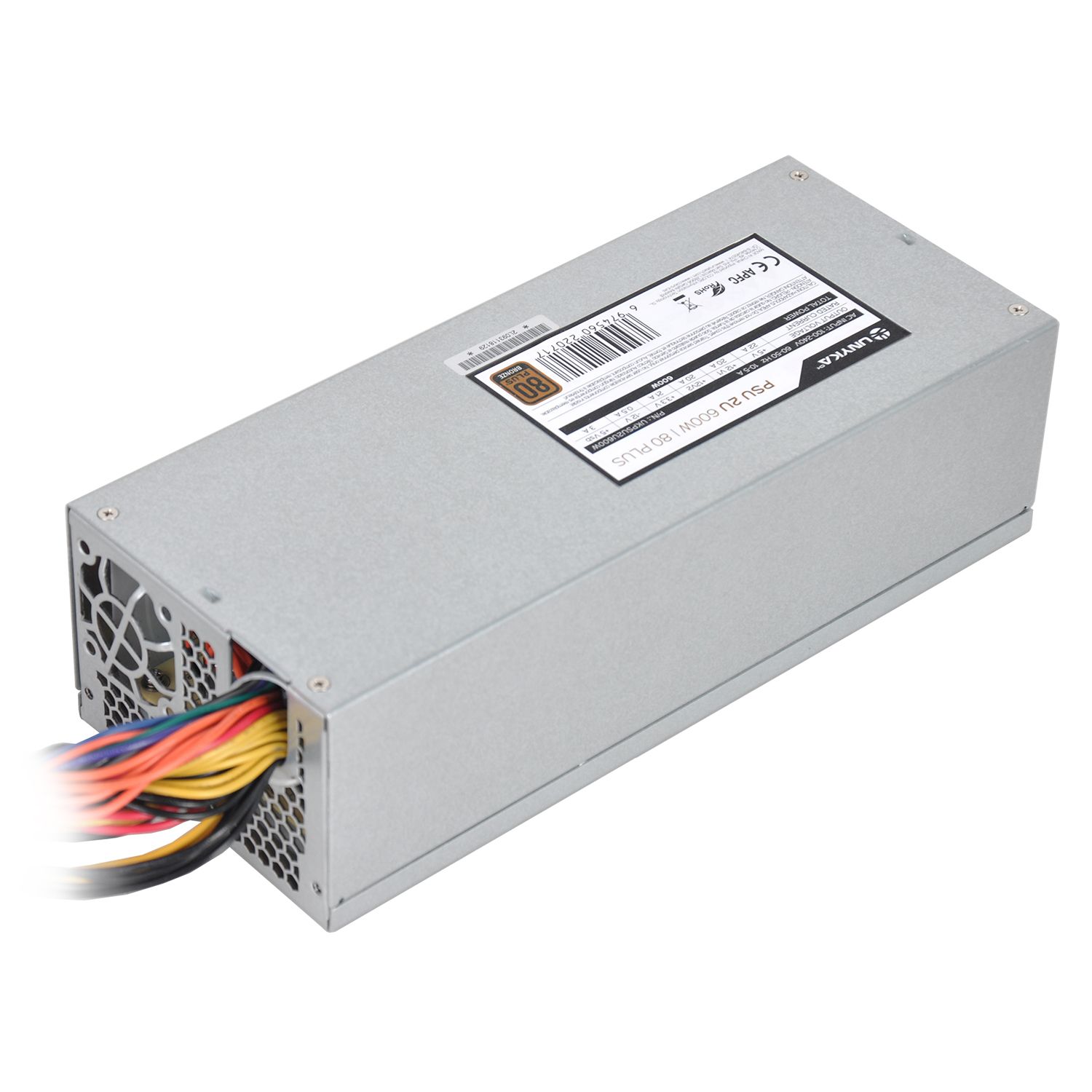 UKPSU2U600W - Fuente UNYKA FLEX 2U ATX 600W PFC 60mm 24-pin ATX Molex SATA PCIe 80 Plus Bronze Plata (UKPSU2U600W)