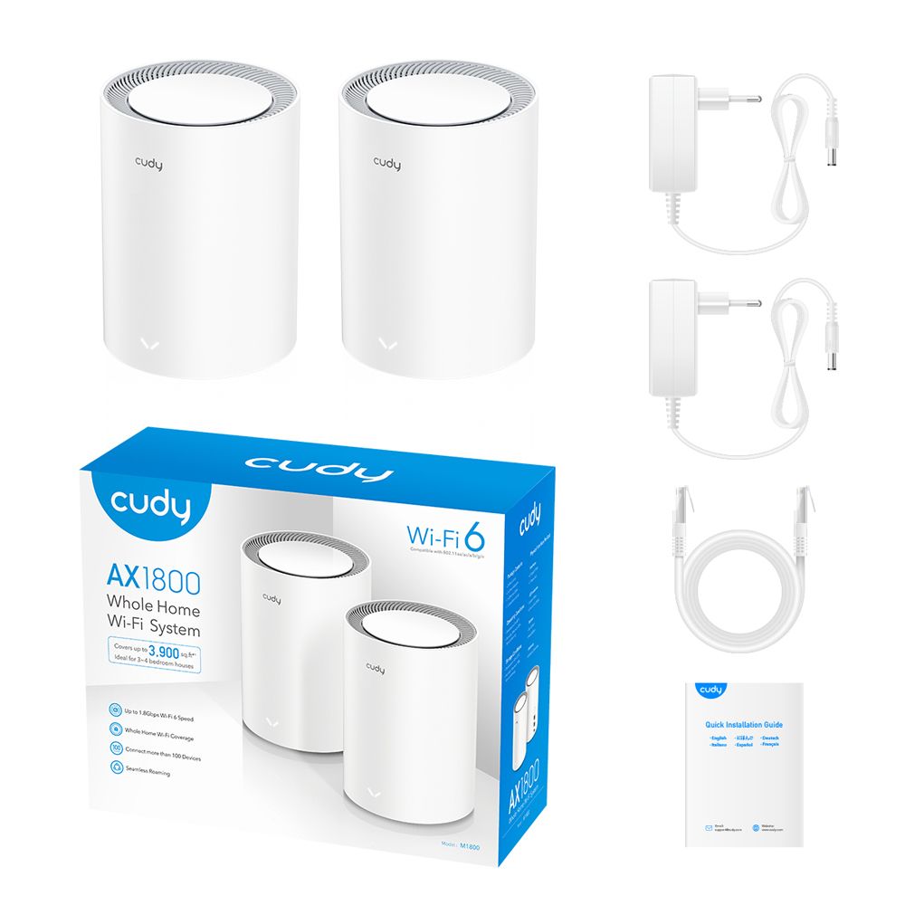 M1800 (2-PACK) - Mesh CUDY AX1800 WiFi 6 DualBand 1xRJ45 Ethernet LAN/WAN PPPoE 4 Antenas Internas 2 Unidades Blanco (M1800 2-PACK)