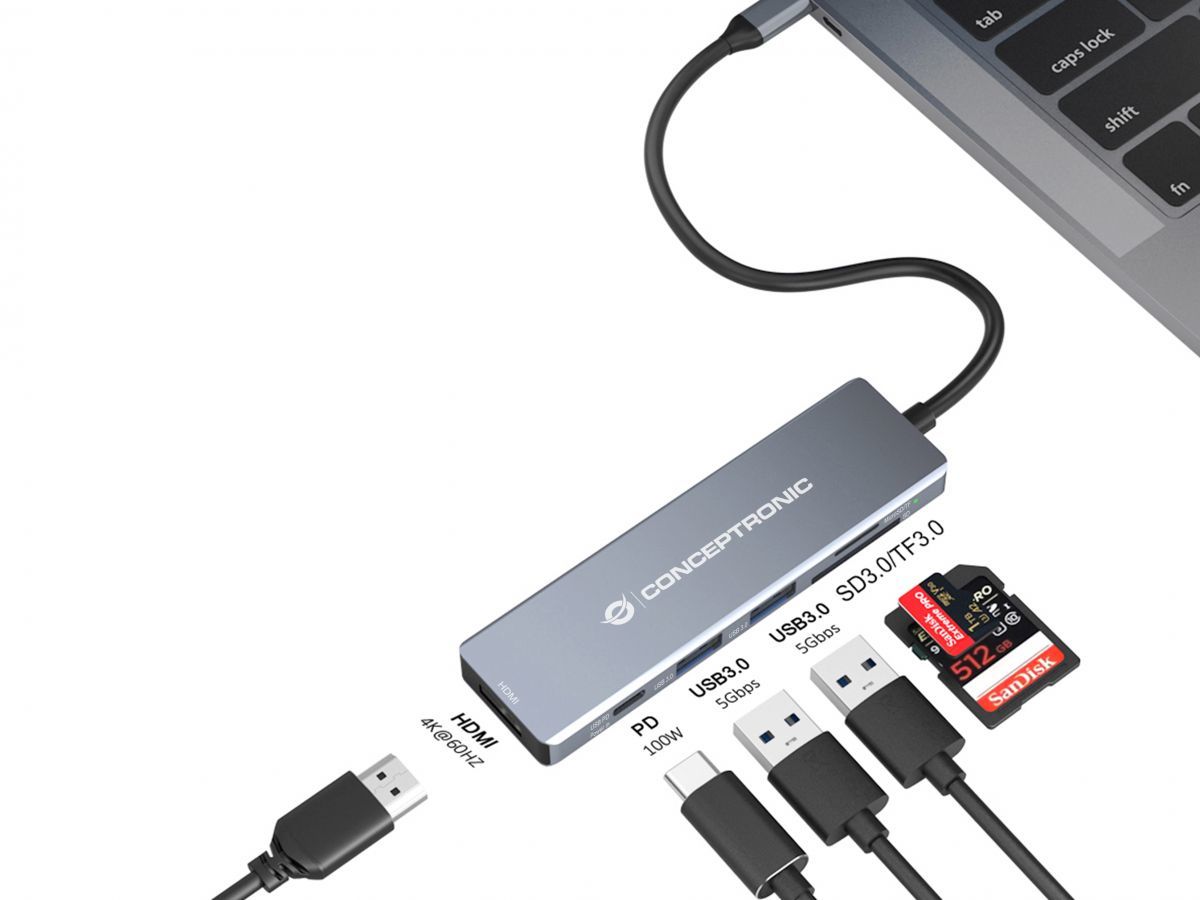 DONN23G - Docking Station CONCEPTRONIC 6en1 USB-C 3.0 a HDMI/USB-A 3.0/USB-C PD 100W/SD/TF/MicroSD Gris (DONN23G)