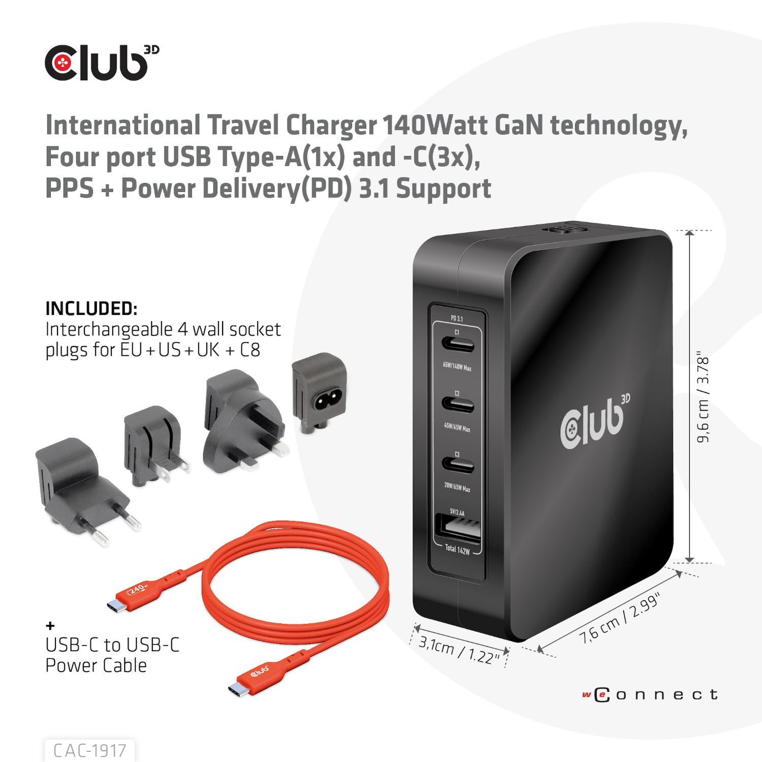 CAC-1917 - Cargador de Viaje Club 3D 140W PD 3.1 3xUSB-A 1xUSB-C Negro (CAC-1917)