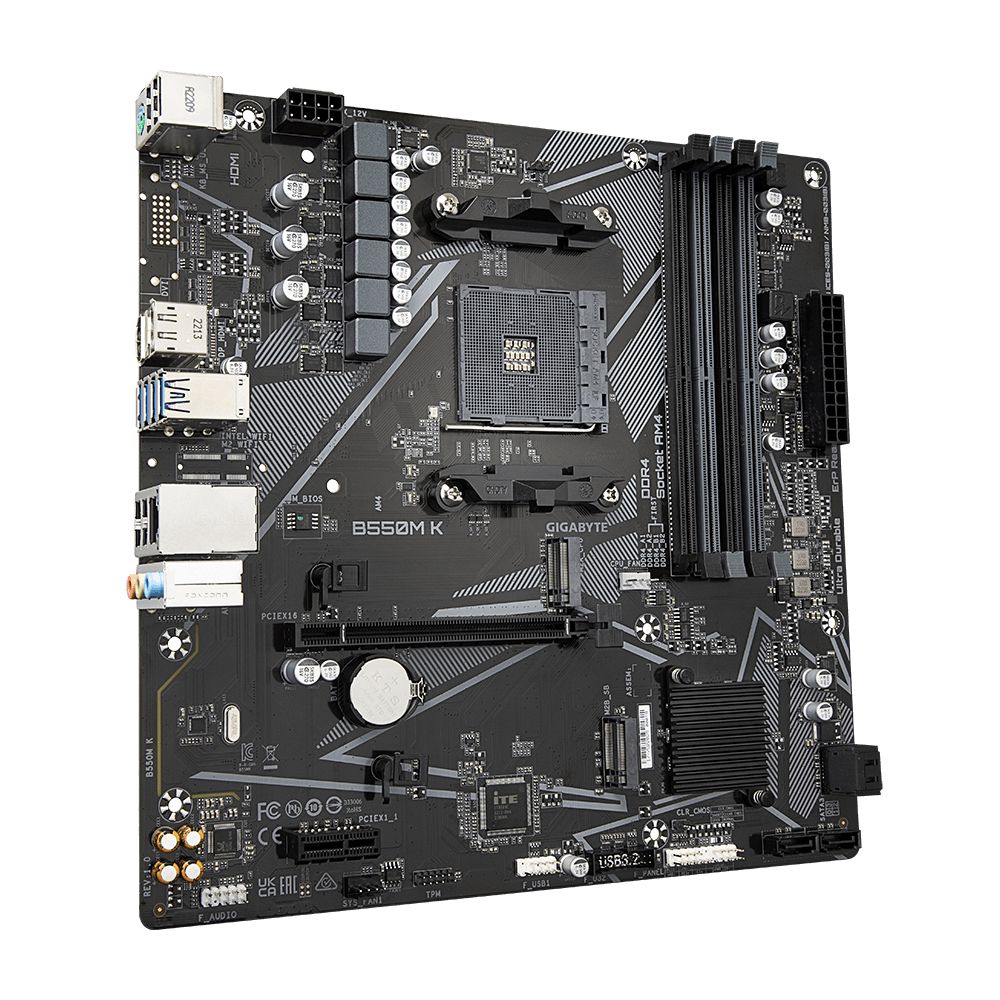 9MB55MK-00-10 - Placa base GIGABYTE B550M K:(AM4) 4DDR4 M.2 PCIe 3.0/4.0 USB 2.0 USB-A 3.0 HDMI DP PS/2 RJ45 7.1 mATX Gigabit Ethernet
