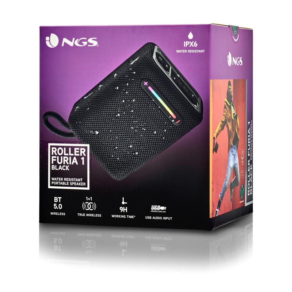 ROLLERFURIA3BLACK - Altavoz NGS Porttil Estreo Roller Furia 3 RGB 60W USB-A/C 3.5mm Bluetooth 5.3 IPX7 Radio FM Negro (ROLLERFURIA3BLACK)