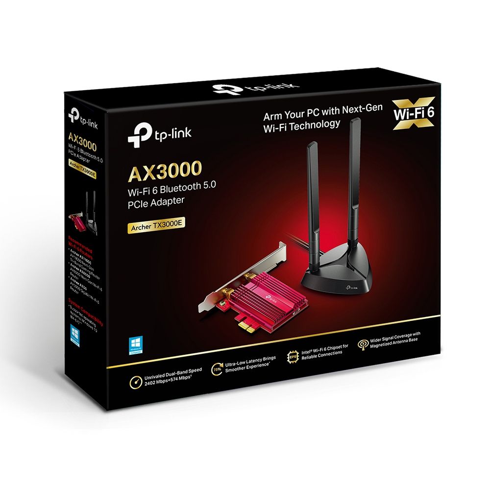 ARCHER TX3000E - Adaptador de Red TP-Link AX3000 PCIe DualBand WiFi 6 Bluetooth 5.0 Negro/Rojo (ARCHERTX3000E)