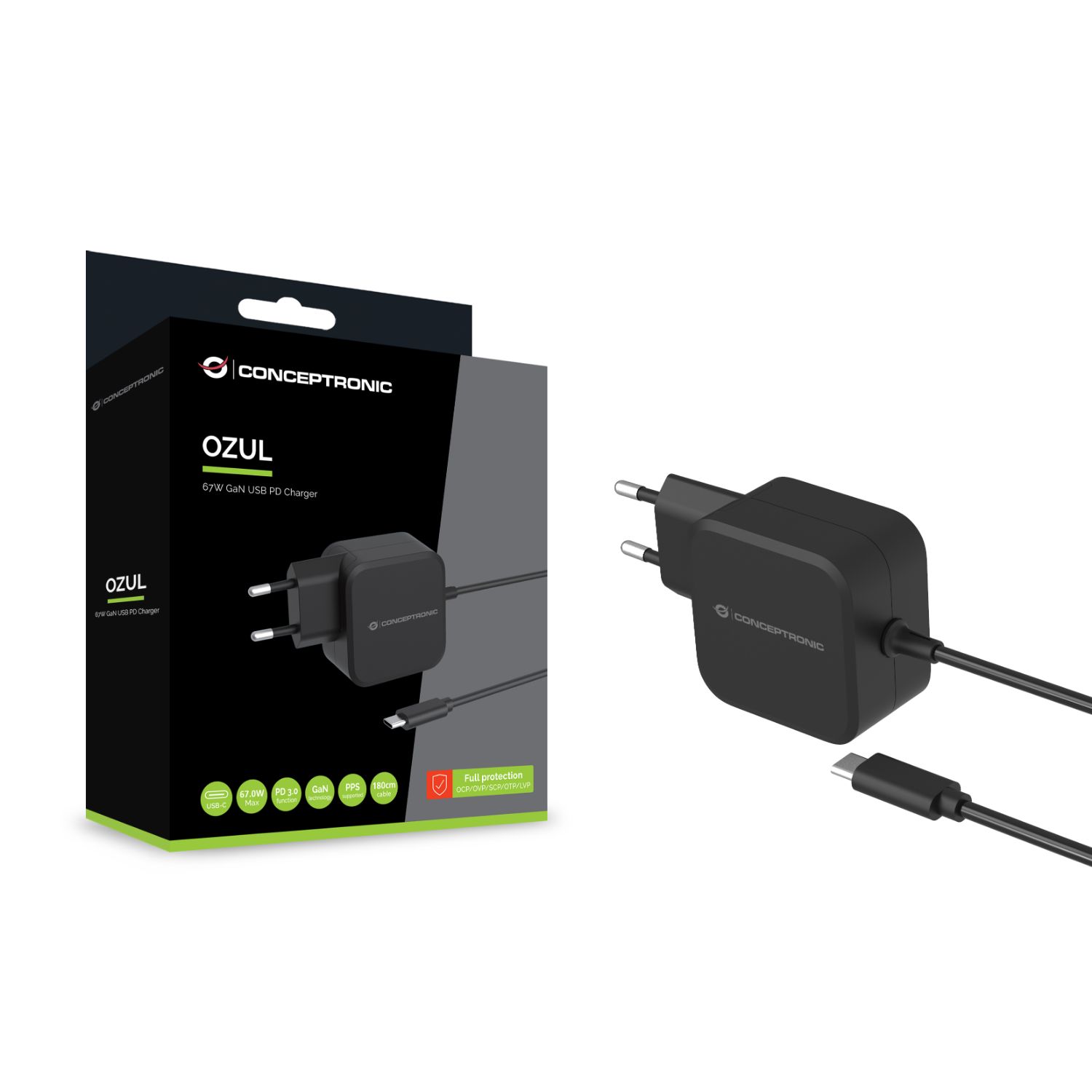 OZUL04BE - Cargador Pared CONCEPTRONIC 67W GaN PD +Cable Usb-C. Negro (OZUL04BE)