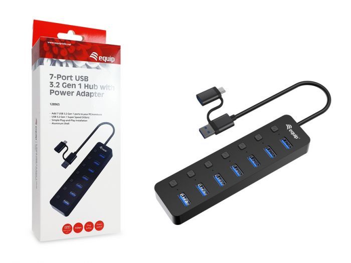 EQ128965 - Hub EQUIP Life 7xUSB-A 3.0 + Adaptador USB-C Negro (EQ128965)
