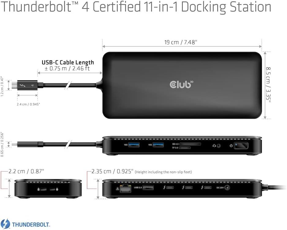 CSV-1582 - Docking Station Club 3D 12en1 USB-C a 1xUSB-C/1xDP 8K/1xHDMI 8K/1xHDMI 4K 60Hz/2xUSB-A 2.0/2xUSB-C/1xRJ45 2.5GbE/1x3.5mm/Thunderbolt 4 Negro (CSV-1582)