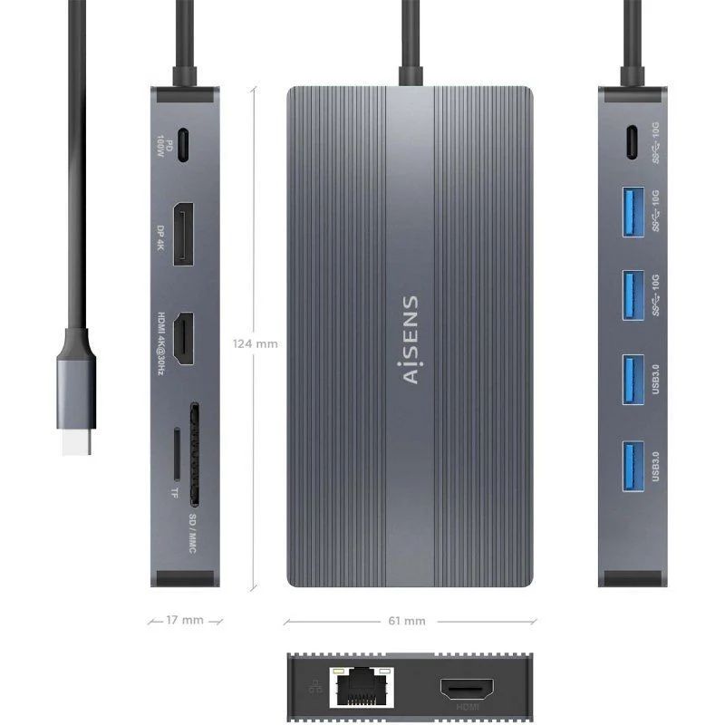 ASUC-12P017-GR - Dock Station AISENS 2HDMI/ 4Usb-a/ 1RJ45/ DP/ Lector tarjetas/ 1Usb-C DP, gris (ASUC-12P017-GR)
