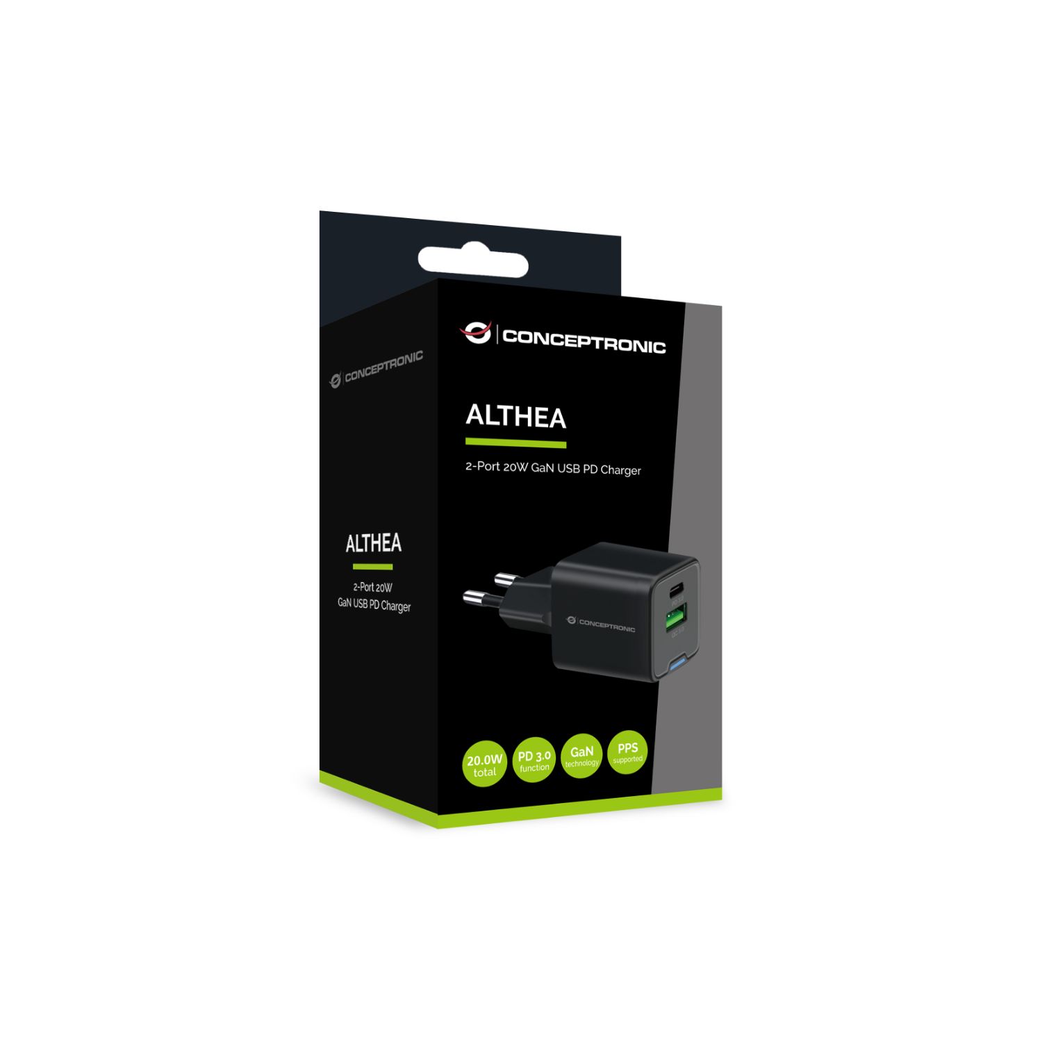 ALTHEA15B - Cargador de Pared CONCEPTRONIC 1xUSB-A 3.0 1xUSB-C PD 3.0 QC 3.0 20W Negro (ALTHEA15B)