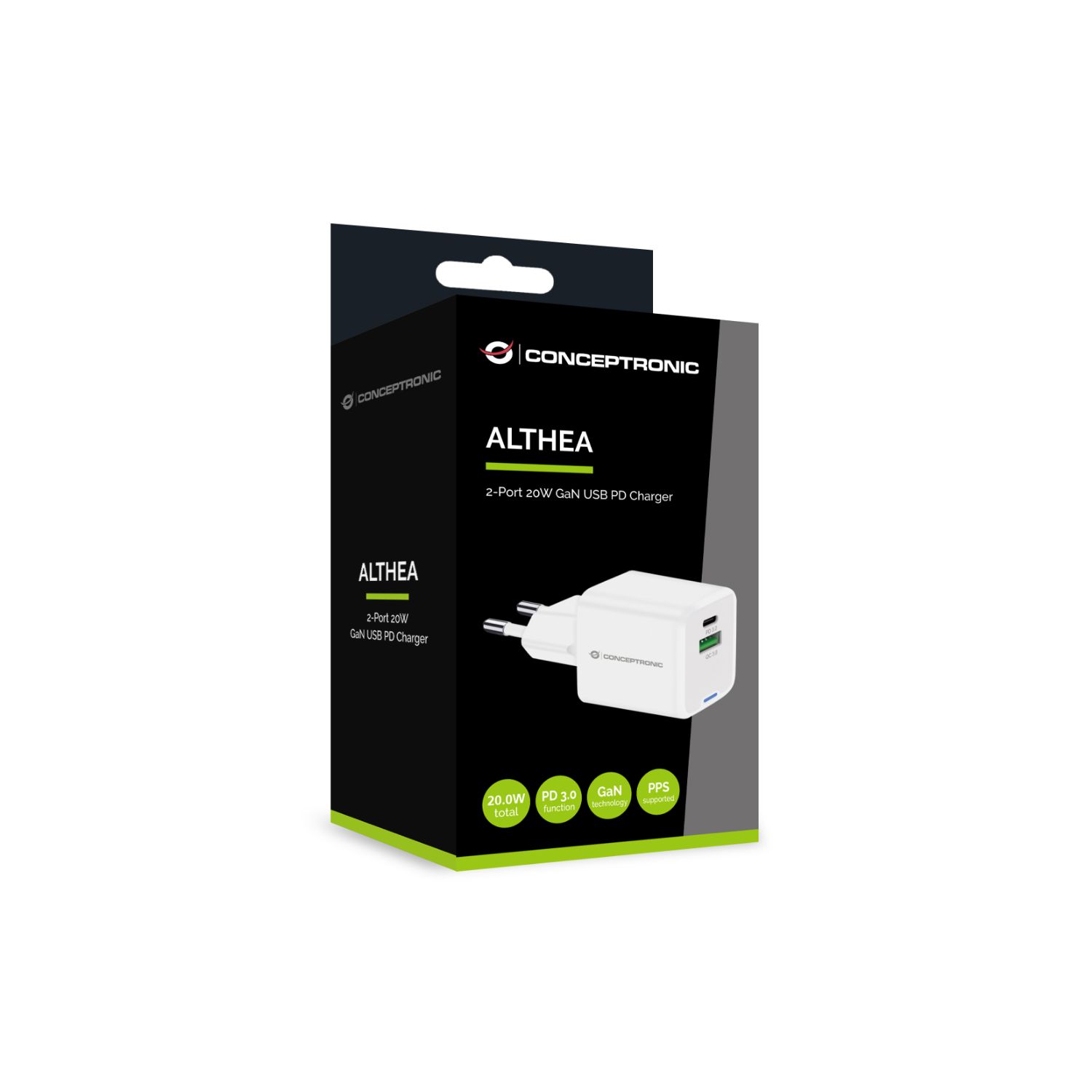 ALTHEA15W - Cargador de Pared CONCEPTRONIC 1xUSB-A 3.0 1xUSB-C PD 3.0 QC 3.0 20W Blanco (ALTHEA15W)