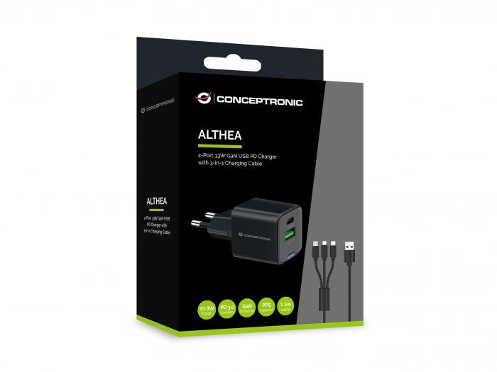 ALTHEA16B - Cargador de Pared CONCEPTRONIC 1xUSB-A 3.0 1xUSB-C PD 3.0 QC 3.0 33W Negro (ALTHEA16B)