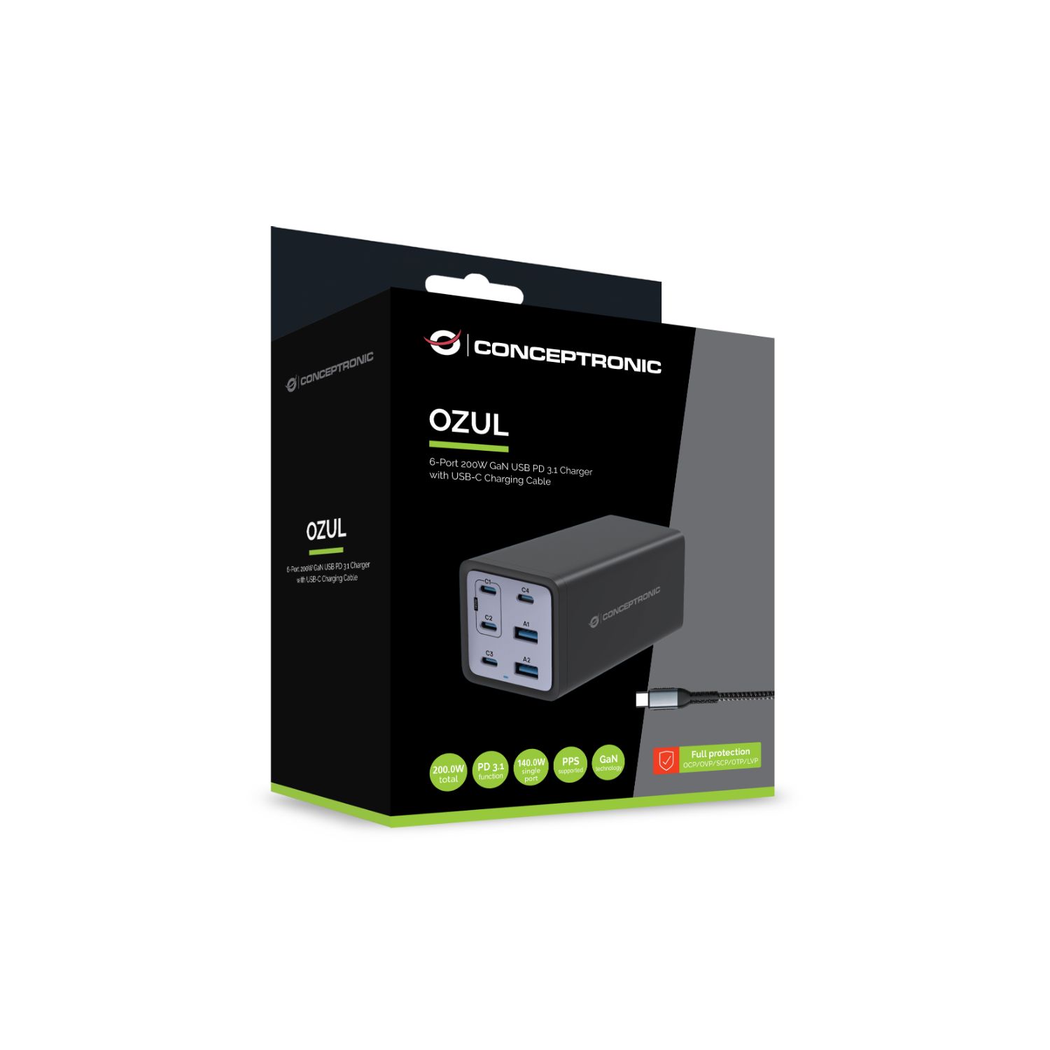 OZUL06BE - Cargador CONCEPTRONIC 200W 2xUSB-A 3.0 4xUSB-C PD 3.1 QC 3.0 Negro (OZUL06BE)