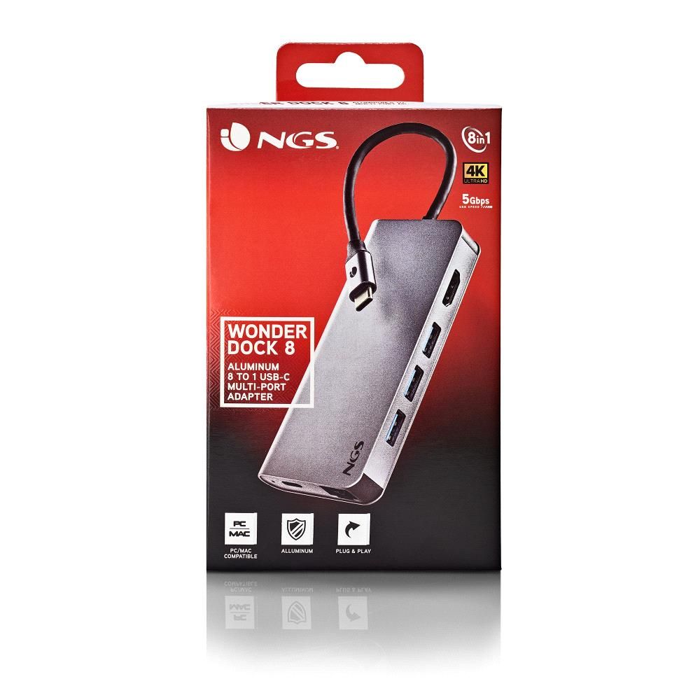 WONDERDOCK8 - Docking NGS 8en1 USB-C a USB-A 2.0/USB-C PD 60W/HDMI/RJ45/Lector SD/TF Aluminio (WONDERDOCK8)