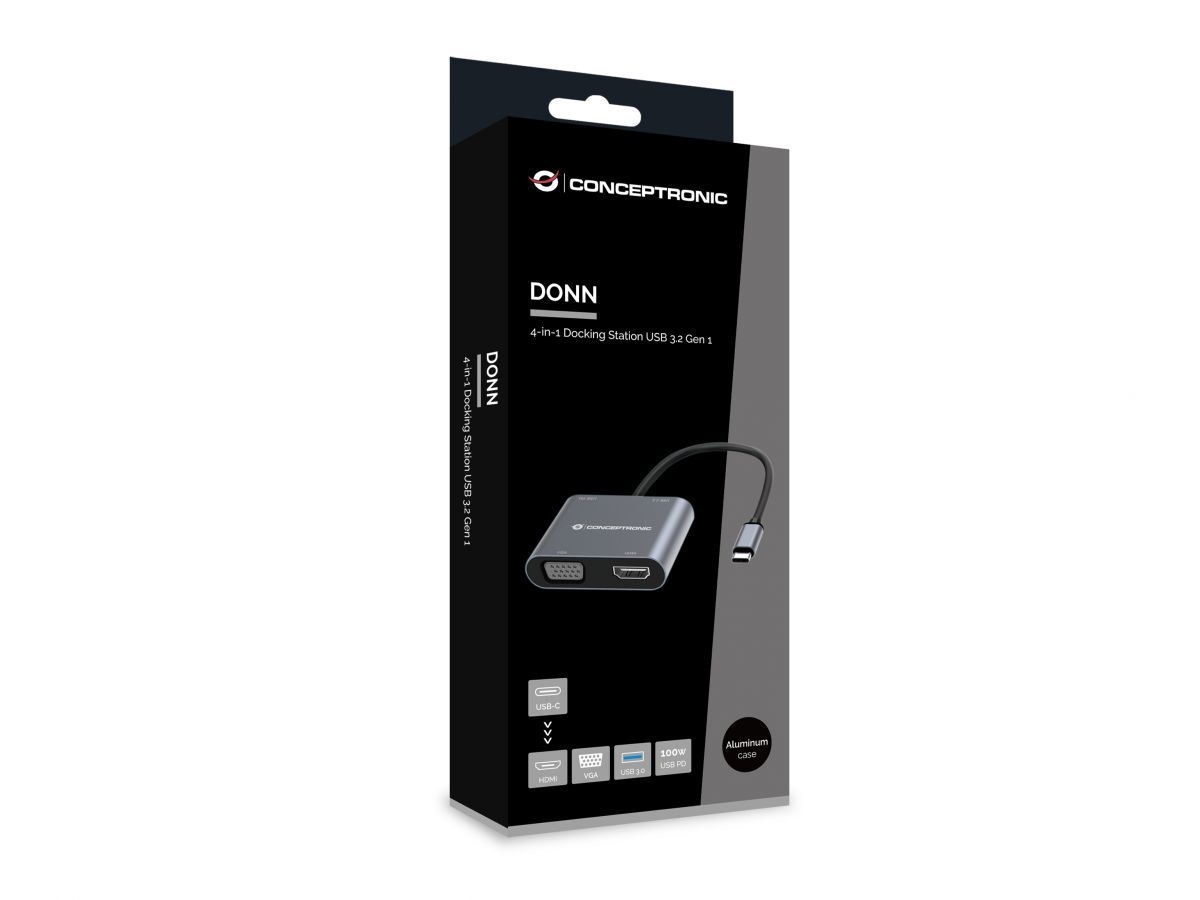DONN16G - Adaptador CONCEPTRONIC 4 en 1 USB-C 3.0 a USB-A 3.0/USB-C PD 100W/HDMI/VGA Gris (DONN16G)