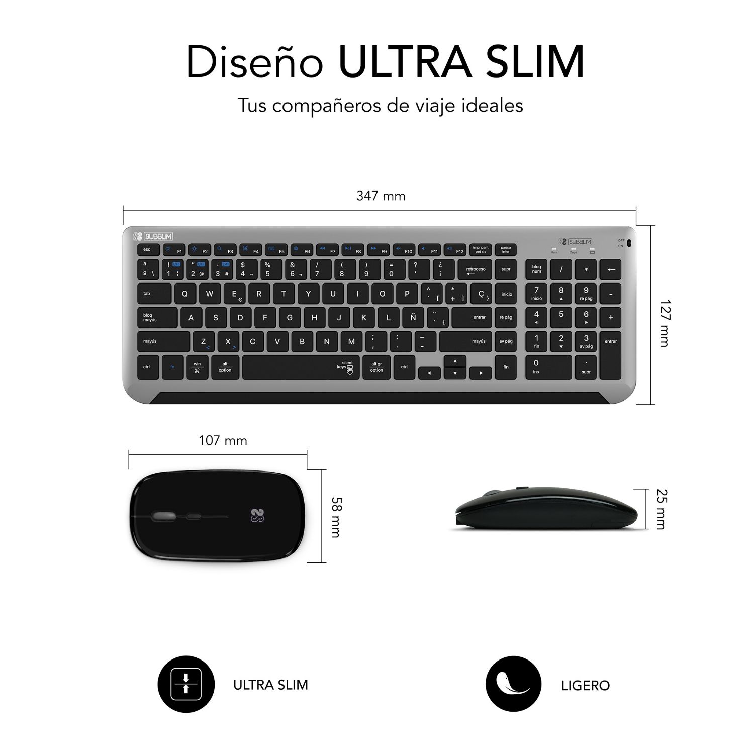 SUBKBC-DCEP20 - Teclado+Ratn SUBBLIM Combo Dual Prestige Extendido Ergonmico Multimedia Multidispositivo 102 Teclas QWERTY Bluetooth 5.0 RF 2.4GHz Ambidextro ptico 1600dpi 4 Botones Negro/Gris (SUBKBC-DCEP20)