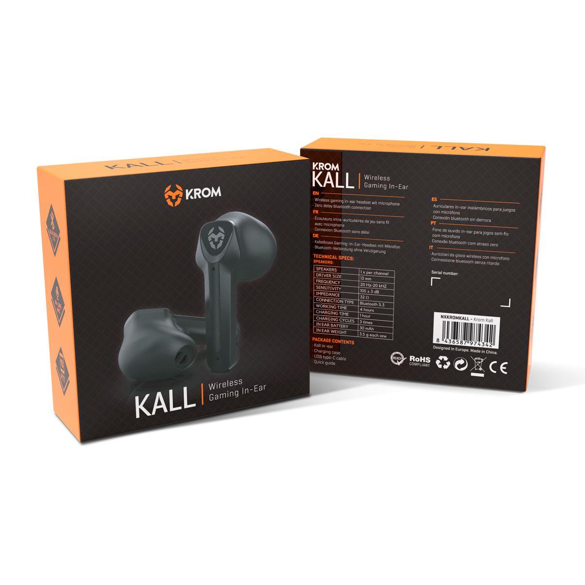 NXKROMKALL - Auriculares Gaming KROM Kall Binaurales Intra-Aurales Micrfono Integrado Bluetooth 5.3 Estuche de Carga USB-A/C Negros (NXKROMKALL)
