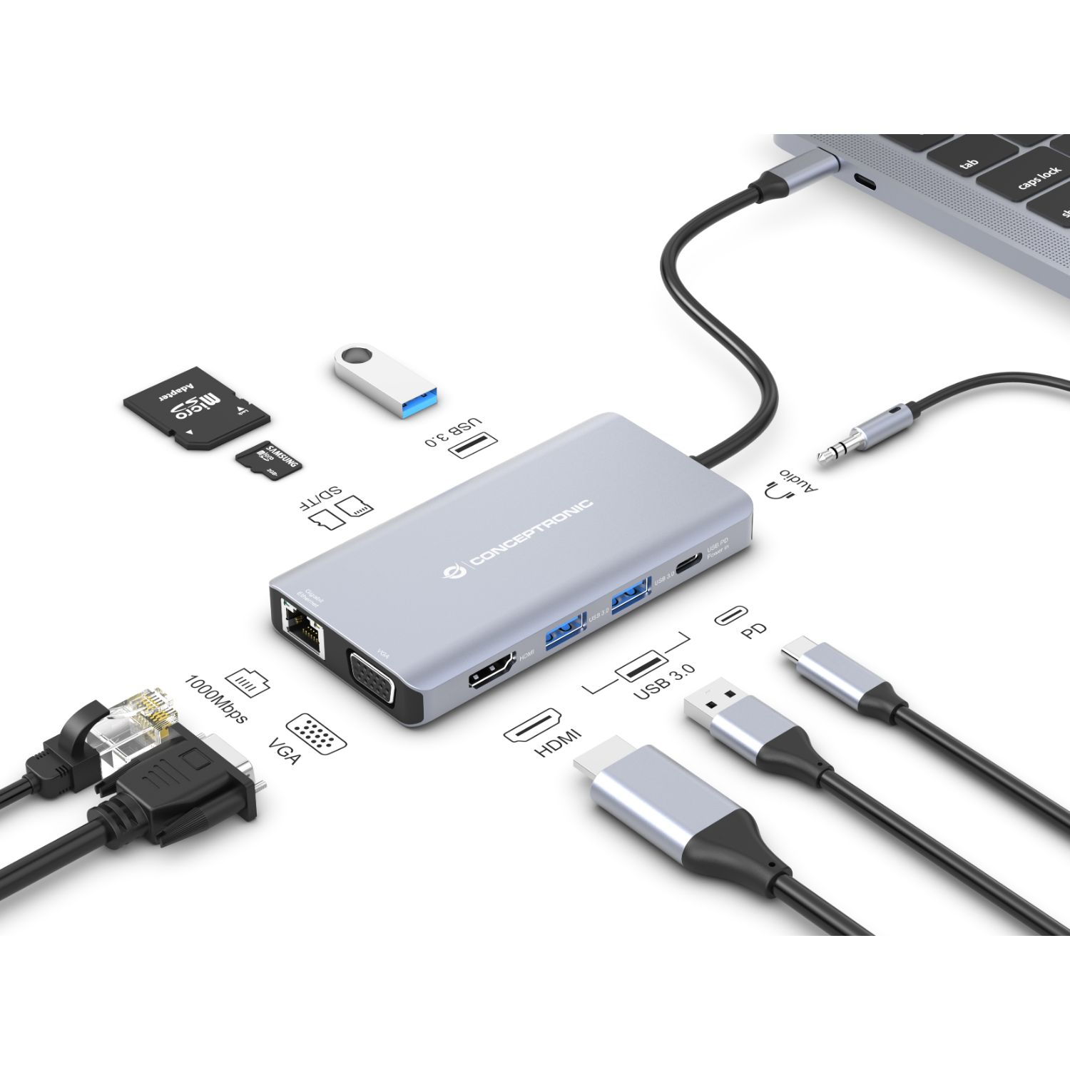DONN20G - Adaptador CONCEPTRONIC 10en1 USB-C 3.0 a HDMI/VGA/USB-C PD 100W/USB-A 3.0/RJ45/Audio/SD/TF/mSD Gris (DONN20G)