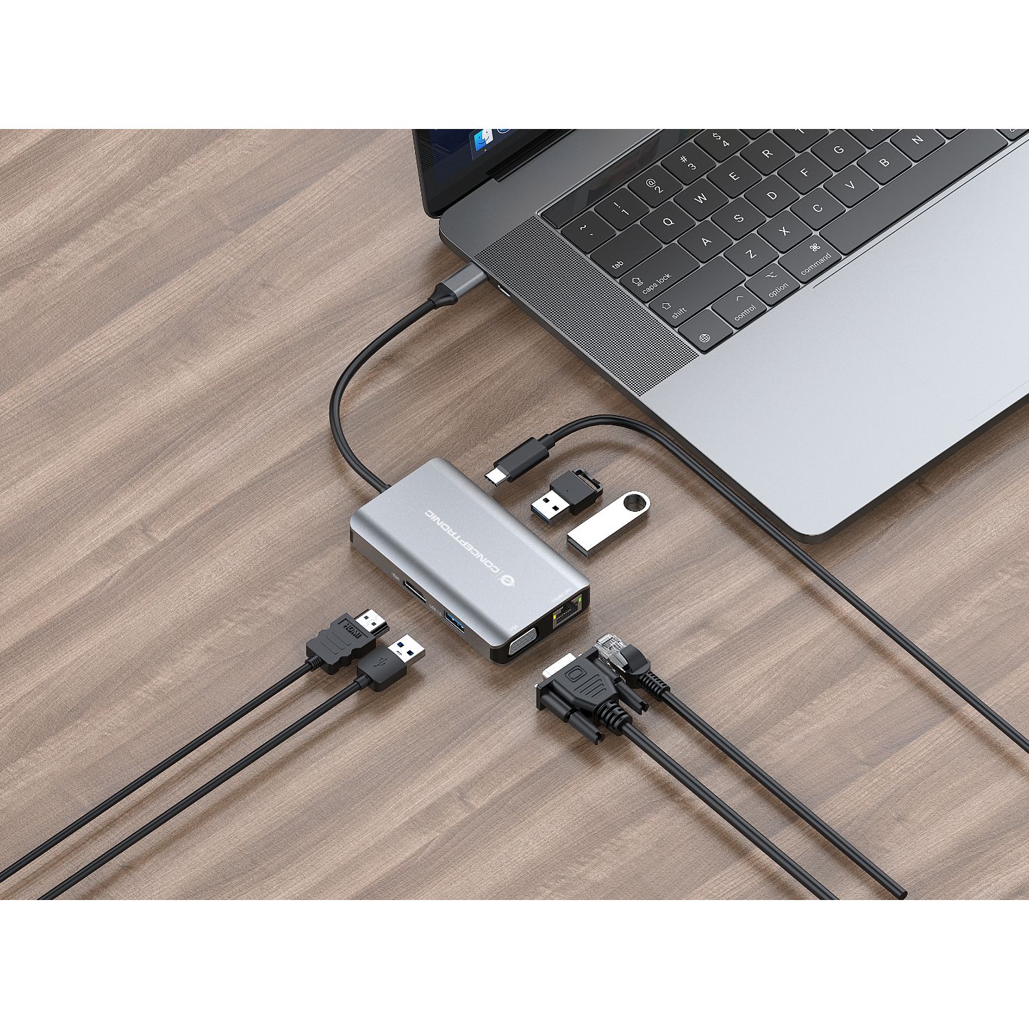 DONN21G - Adaptador CONCEPTRONIC 7en1 USB-C 3.0 a HDMI/VGA/USB-C PD 100W/3xUSB-A 3.0/RJ45 Gris (DONN21G)