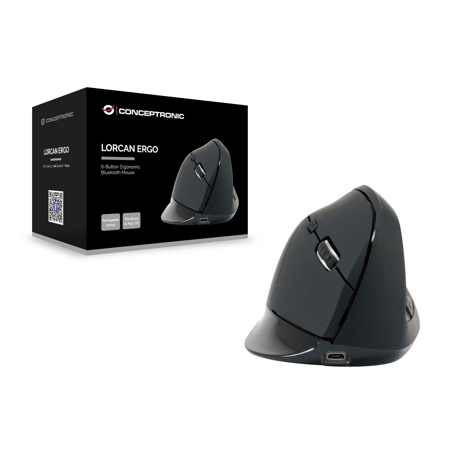 LORCAN03B - Ratn CONCEPTRONIC ptico Diestro Ergonmico Bluetooth 5.2 1600dpi 6 Botones Negro (LORCAN03B)