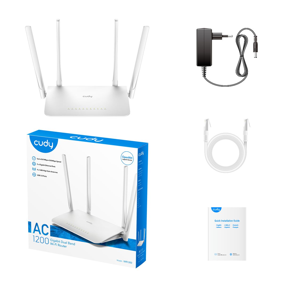 WR1300 - Router CUDY AC1200 WiFi 5 DualBand 4XRJ45 Ethernet LAN/WAN 4 Antenas Externas 5dBi Blanco (WR1300)