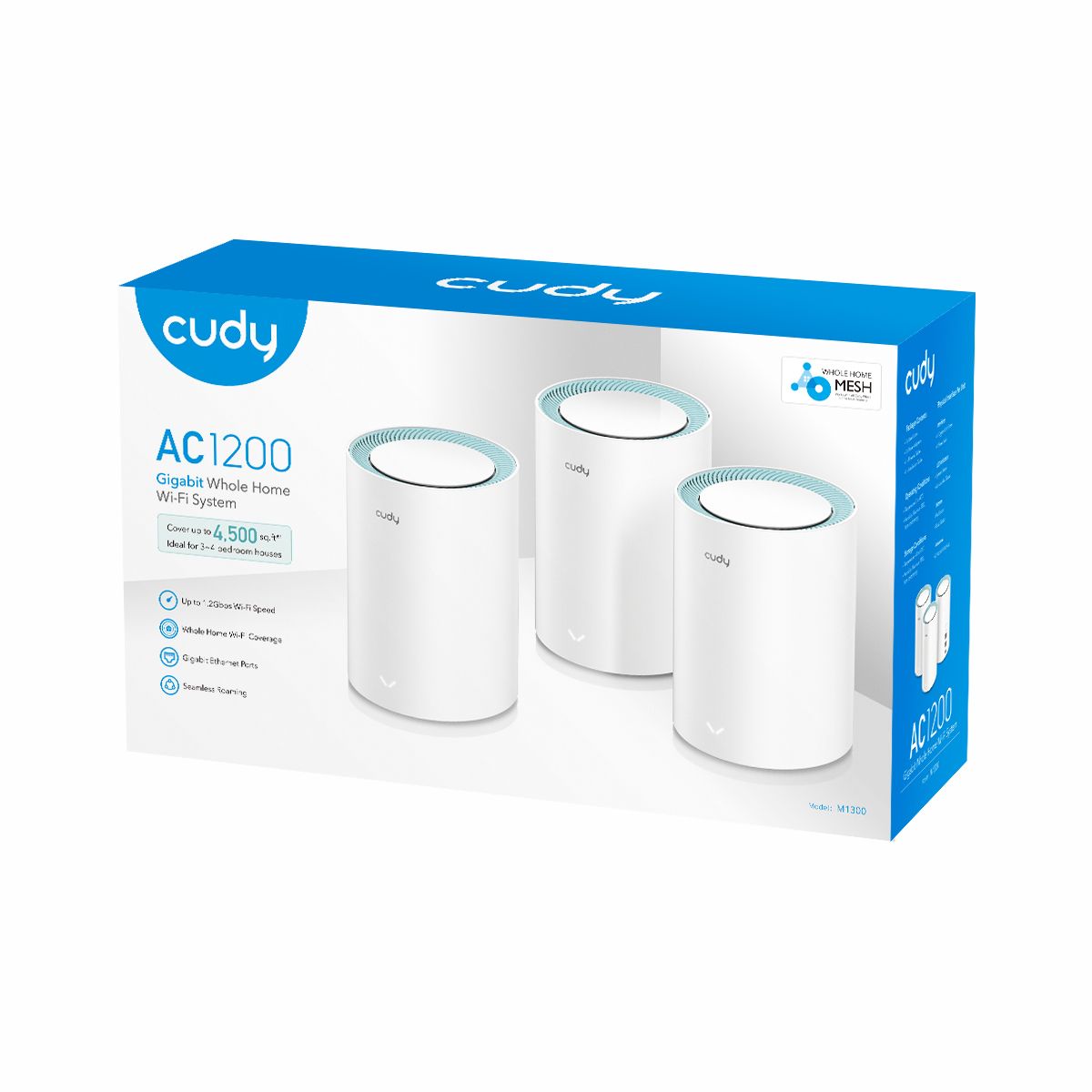 M1300 (3-PACK) - Mesh CUDY AC1200 WiFi 5 DualBand 1xRJ45 Ethernet LAN/WAN PPPoE 4 Antenas Internas 3 Unidades Blanco (M1300 3-PACK)