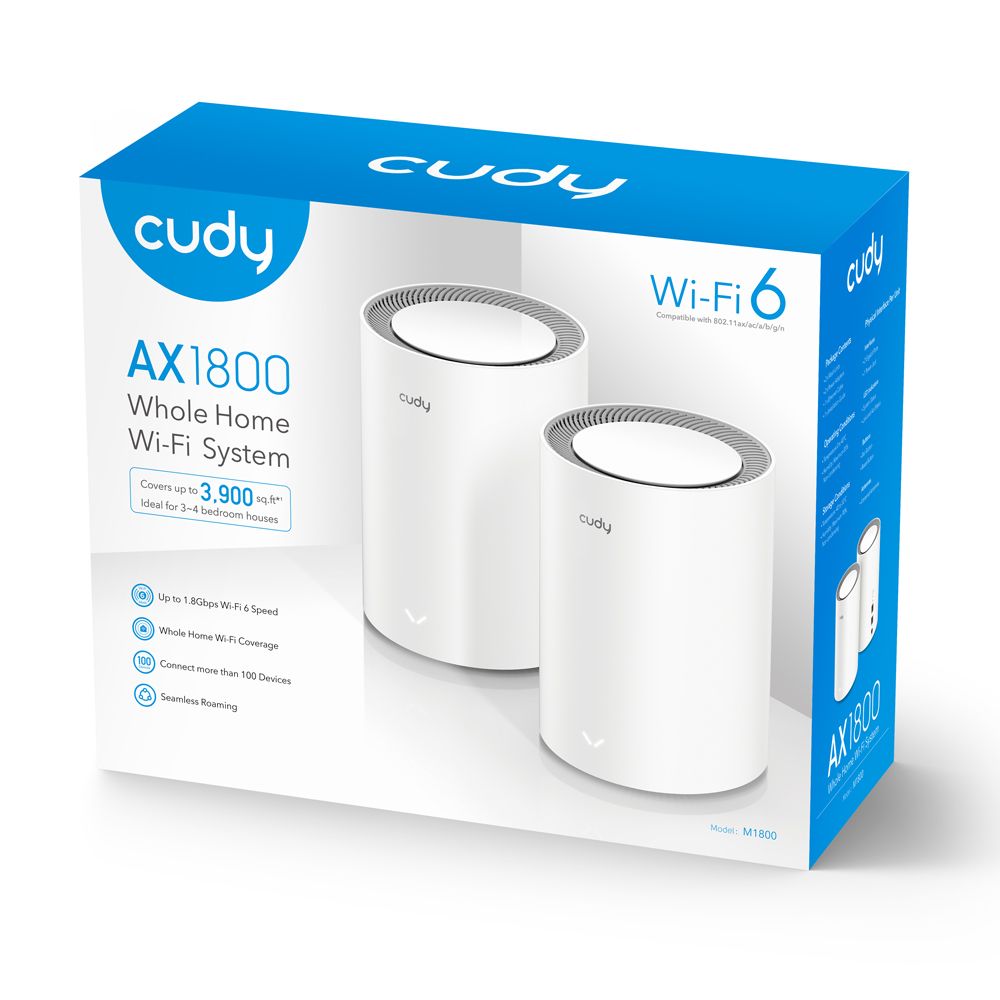 M1800 (2-PACK) - Mesh CUDY AX1800 WiFi 6 DualBand 1xRJ45 Ethernet LAN/WAN PPPoE 4 Antenas Internas 2 Unidades Blanco (M1800 2-PACK)
