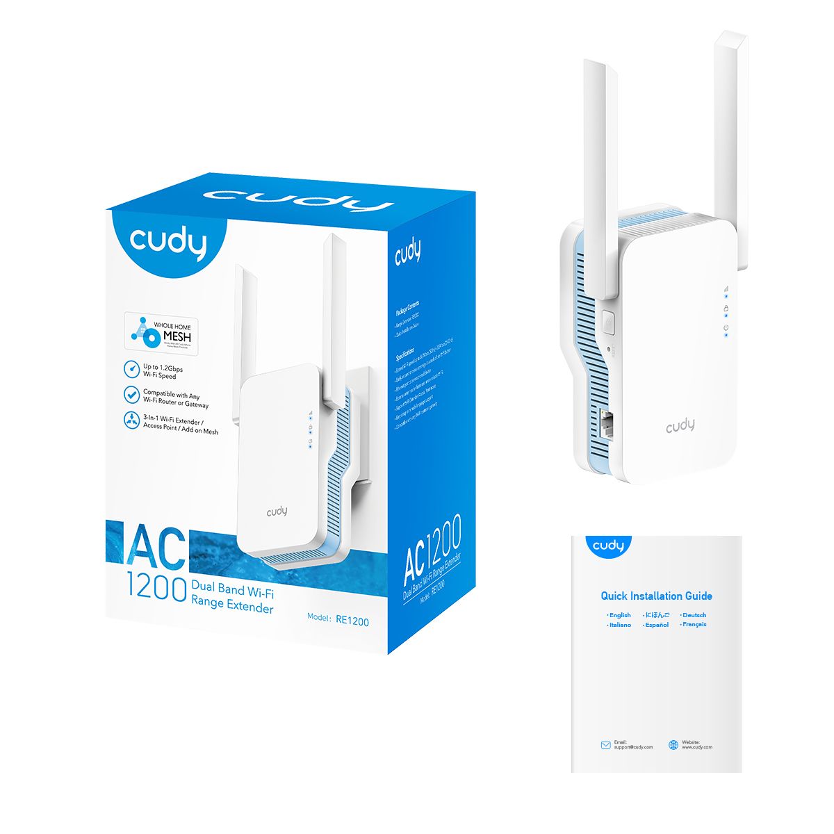 RE1200 - Mesh CUDY AC1200 WiFi DualBand 1xRJ45 2 Antenas Externas 5dBi Blanco (RE1200)