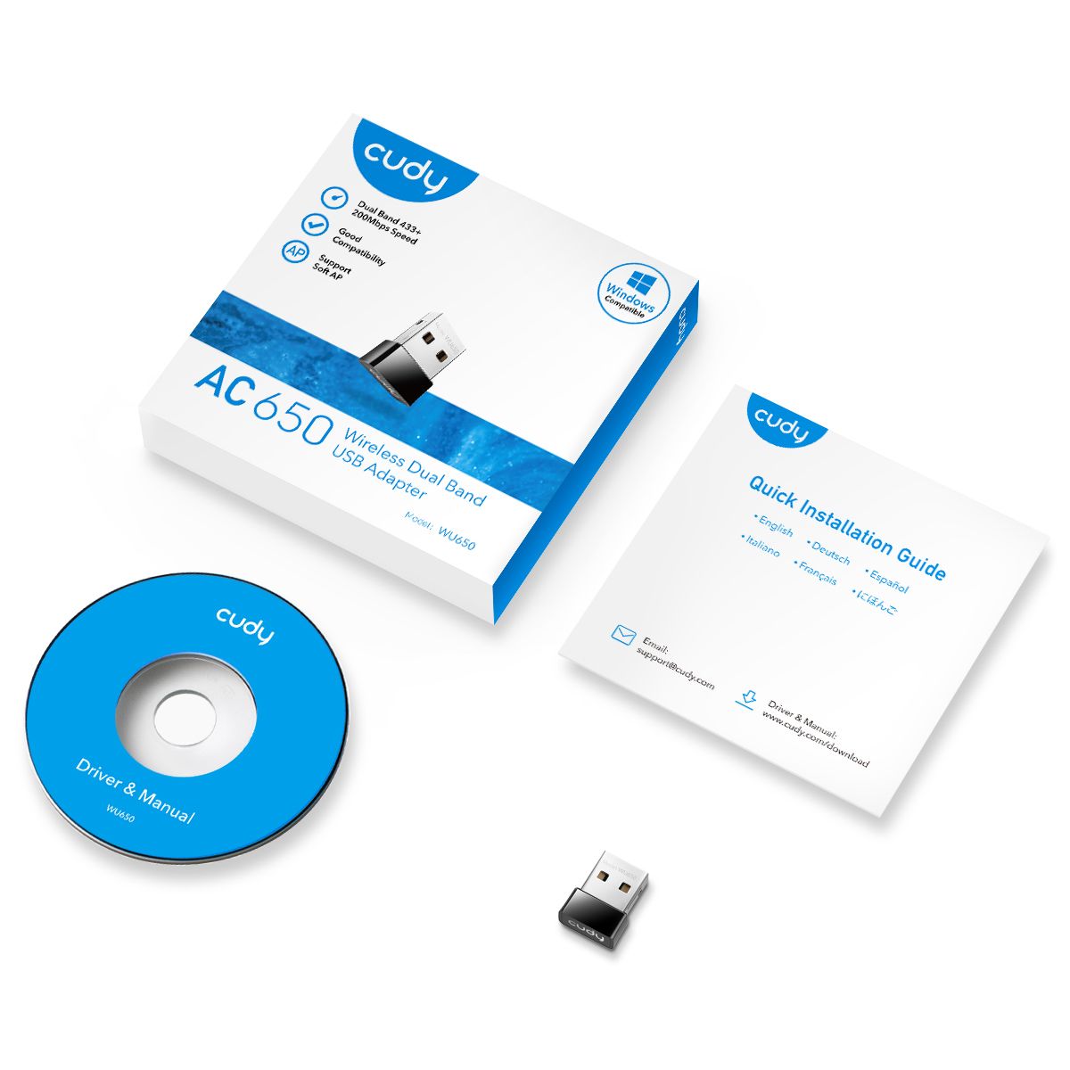 WU650 - Adaptador CUDY AC650 WiFi DualBand USB 2.0 PC/Porttil Negro (WU650)