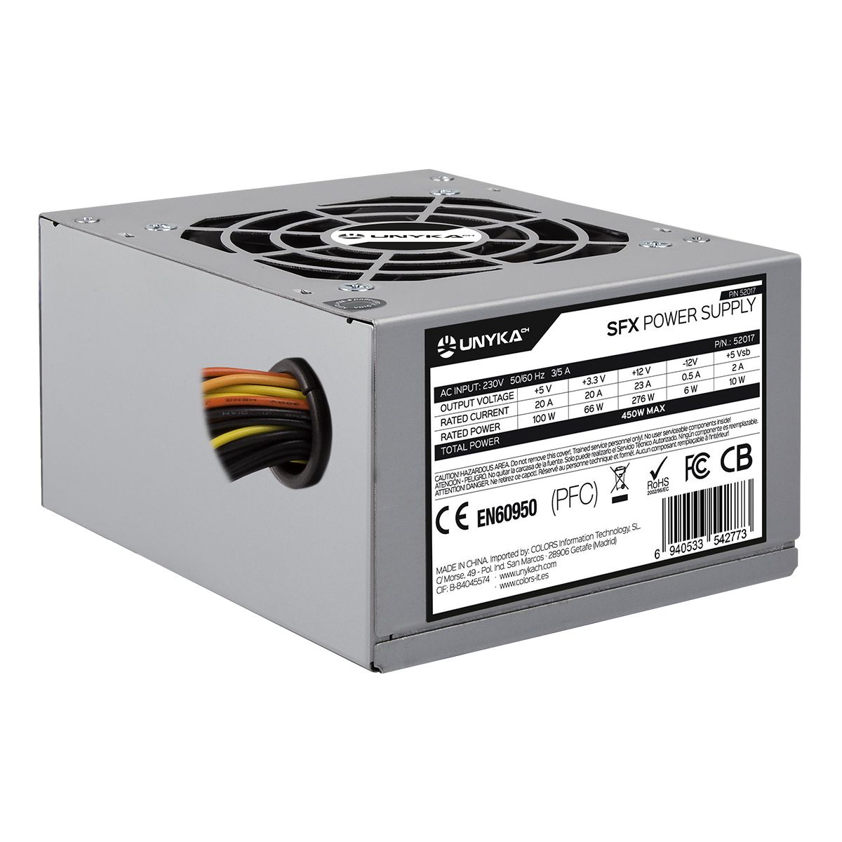 OUT5253 - Fuente UNYKA SFX 450W 78% 80mm Plata OEM (52017) (OUT5253). Buen estado. Marcas de uso. Completa. (OUTLET)