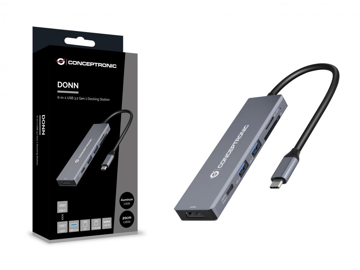 DONN23G - Docking Station CONCEPTRONIC 6en1 USB-C 3.0 a HDMI/USB-A 3.0/USB-C PD 100W/SD/TF/MicroSD Gris (DONN23G)