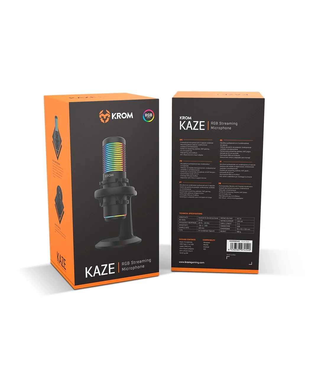 NXKROMKAZE - Micrfono Streaming Krom Kaze RGB USB-C 3.5mm para PC Metal Negro (NXKROMKAZE)