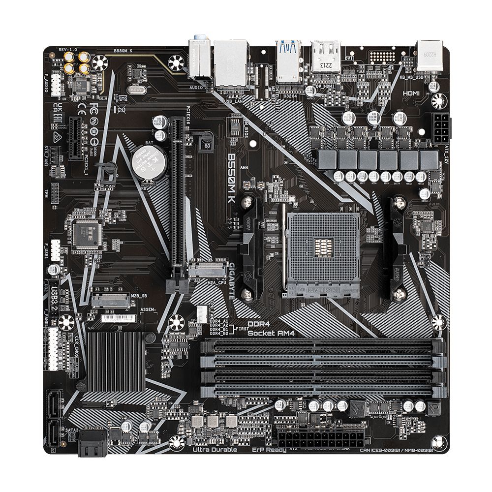 9MB55MK-00-10 - Placa base GIGABYTE B550M K:(AM4) 4DDR4 M.2 PCIe 3.0/4.0 USB 2.0 USB-A 3.0 HDMI DP PS/2 RJ45 7.1 mATX Gigabit Ethernet