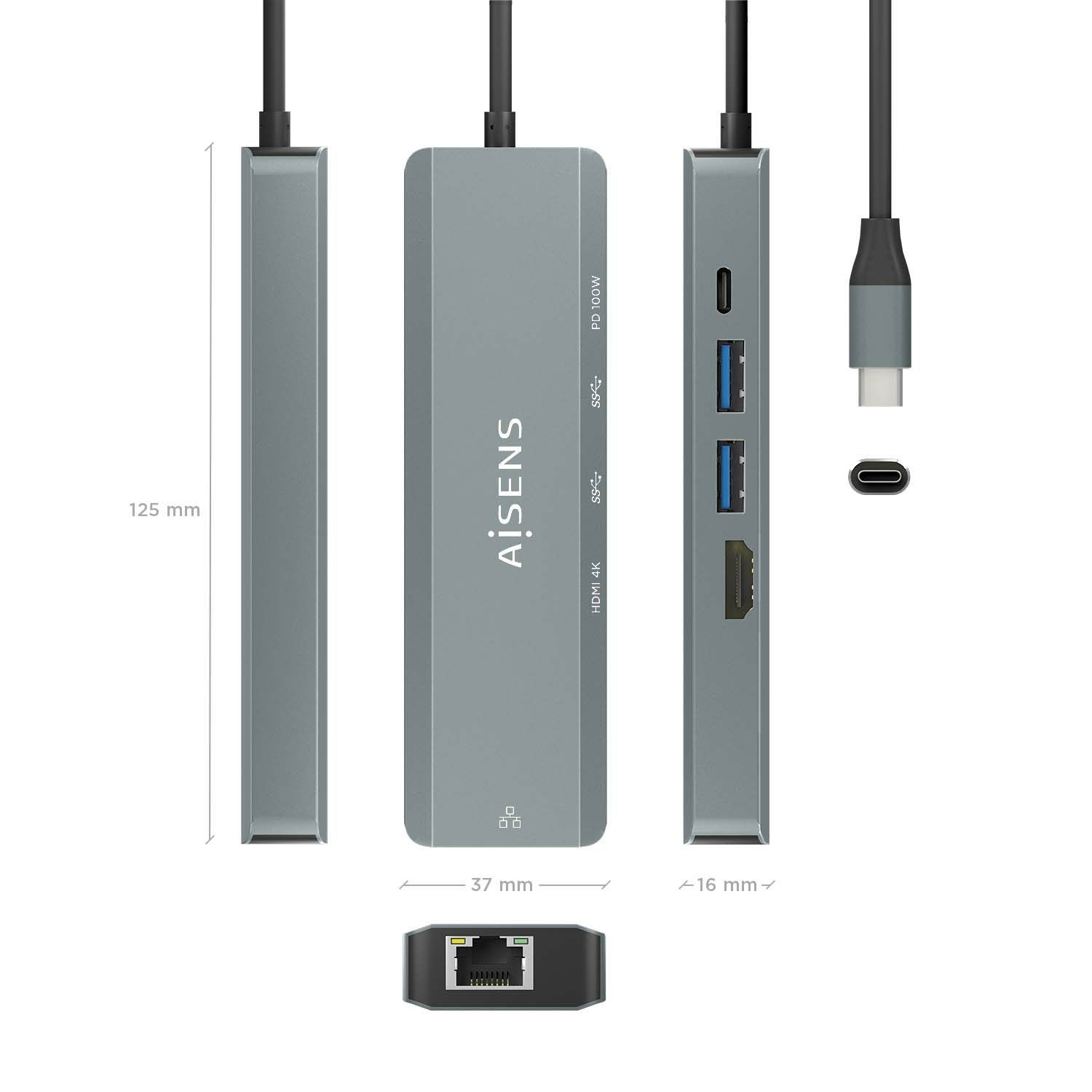 ASUC-5P011-GR - Dock Station AISENS USB-C a HDMI/2xUSB-A/RJ45/USB-C PD Gris (ASUC-5P011-GR)