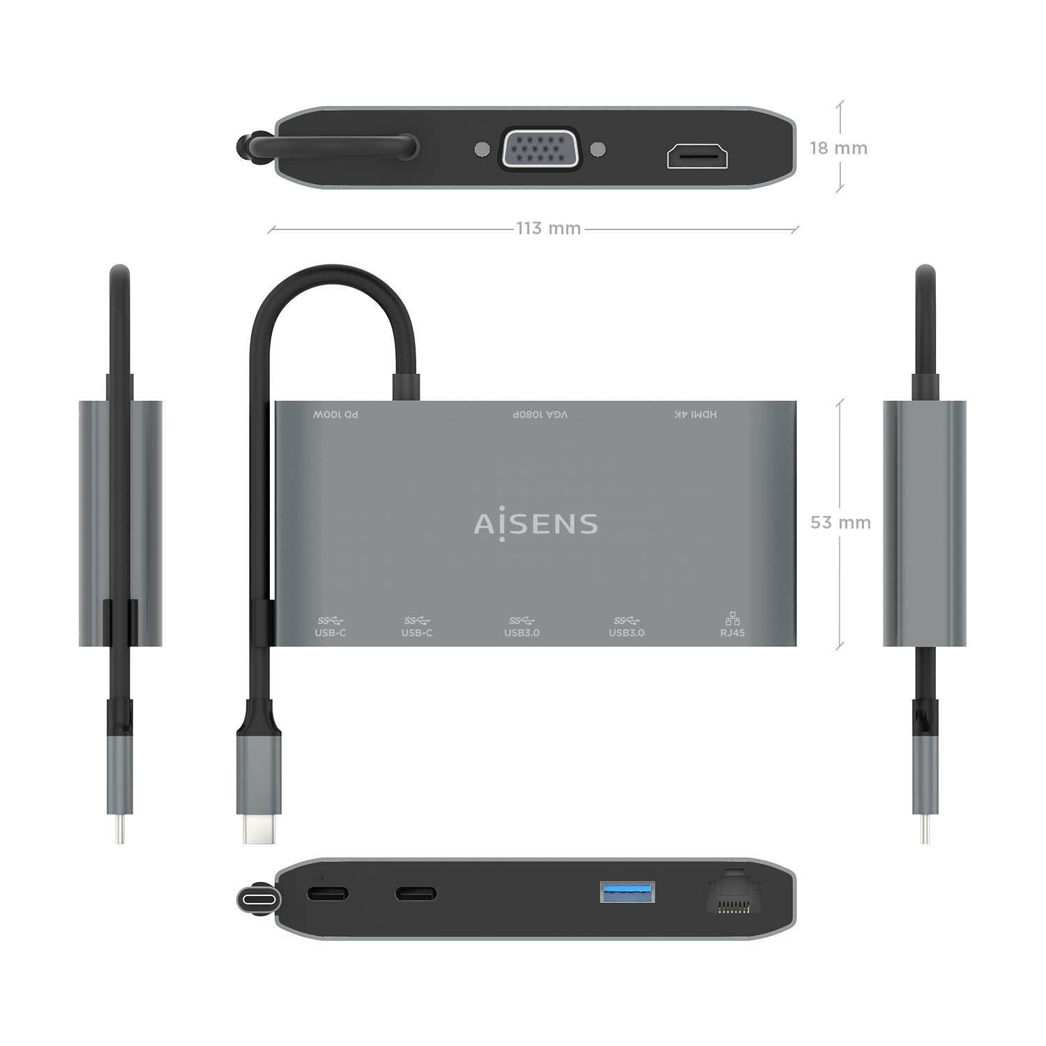 ASUC-8P010-GR - Dock Station AISENS USB-C a HDMI/VGA/USB-A/USB-C PD/RJ45 Gris (ASUC-8P010-GR)