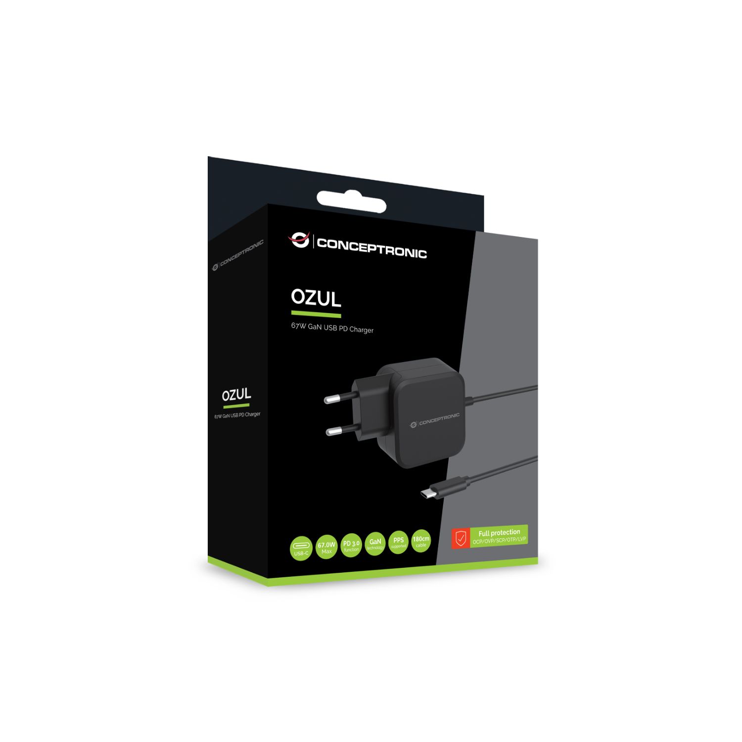 OZUL04BE - Cargador Pared CONCEPTRONIC 67W GaN PD +Cable Usb-C. Negro (OZUL04BE)