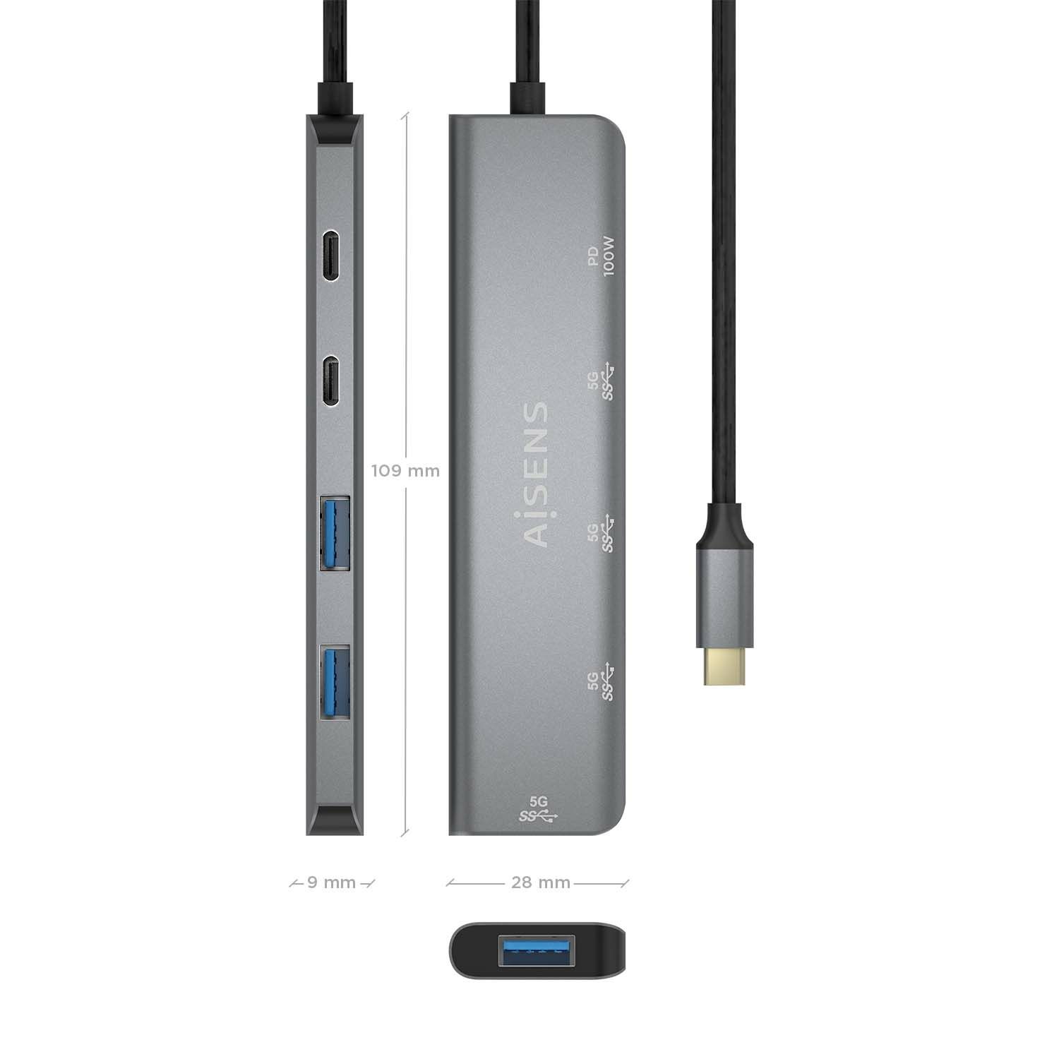 A109-0857 - Hub AISENS USB-C 3.1 a 2xUSB-A 3.1/3xUSB-C 3.1/USB-C PD 100W 0.5m Gris (A109-0857)