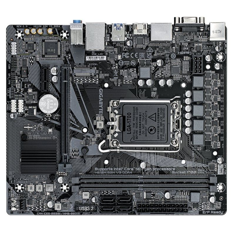 9MH61M2H3-00-10 - Placa base GIGABYTE H610M S2H V3:(1700) 2DDR4 SATA3 M.2 USB 2.0 USB-A 3.0 HDMI VGA DVI-D DP RJ45 PS/2 7.1 mATX Gigabit Ethernet