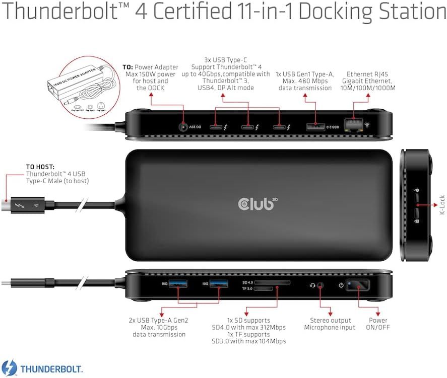 CSV-1582 - Docking Station Club 3D 12en1 USB-C a 1xUSB-C/1xDP 8K/1xHDMI 8K/1xHDMI 4K 60Hz/2xUSB-A 2.0/2xUSB-C/1xRJ45 2.5GbE/1x3.5mm/Thunderbolt 4 Negro (CSV-1582)