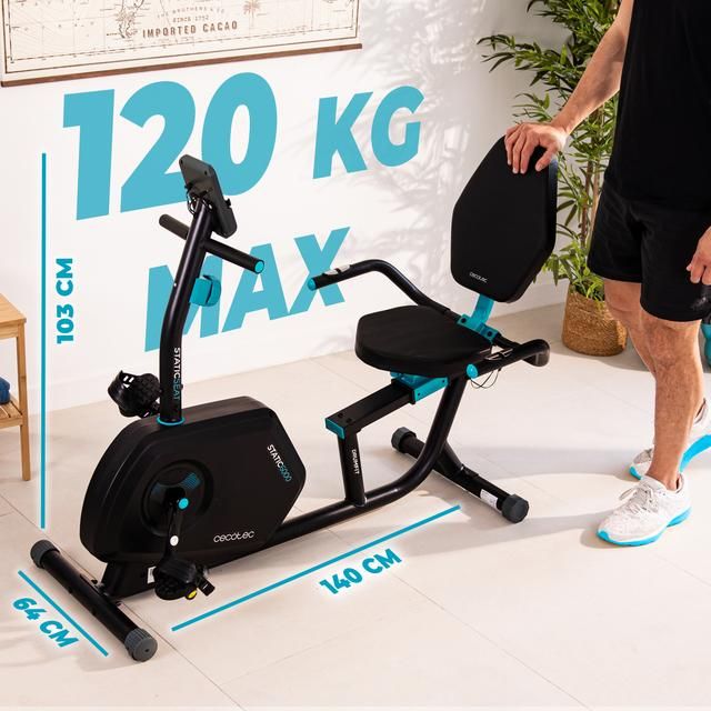 07222 - Bicicleta Esttica CECOTEC DrumFit Static 6000 Seat, reclinable con 8 niveles de resistencia magntica, Volante de inercia de 6 kg. Pantalla LCD. Pulsmetro. Soporte para dispositivos. Ruedas de transporte. Peso mximo de 120 kg(07222)