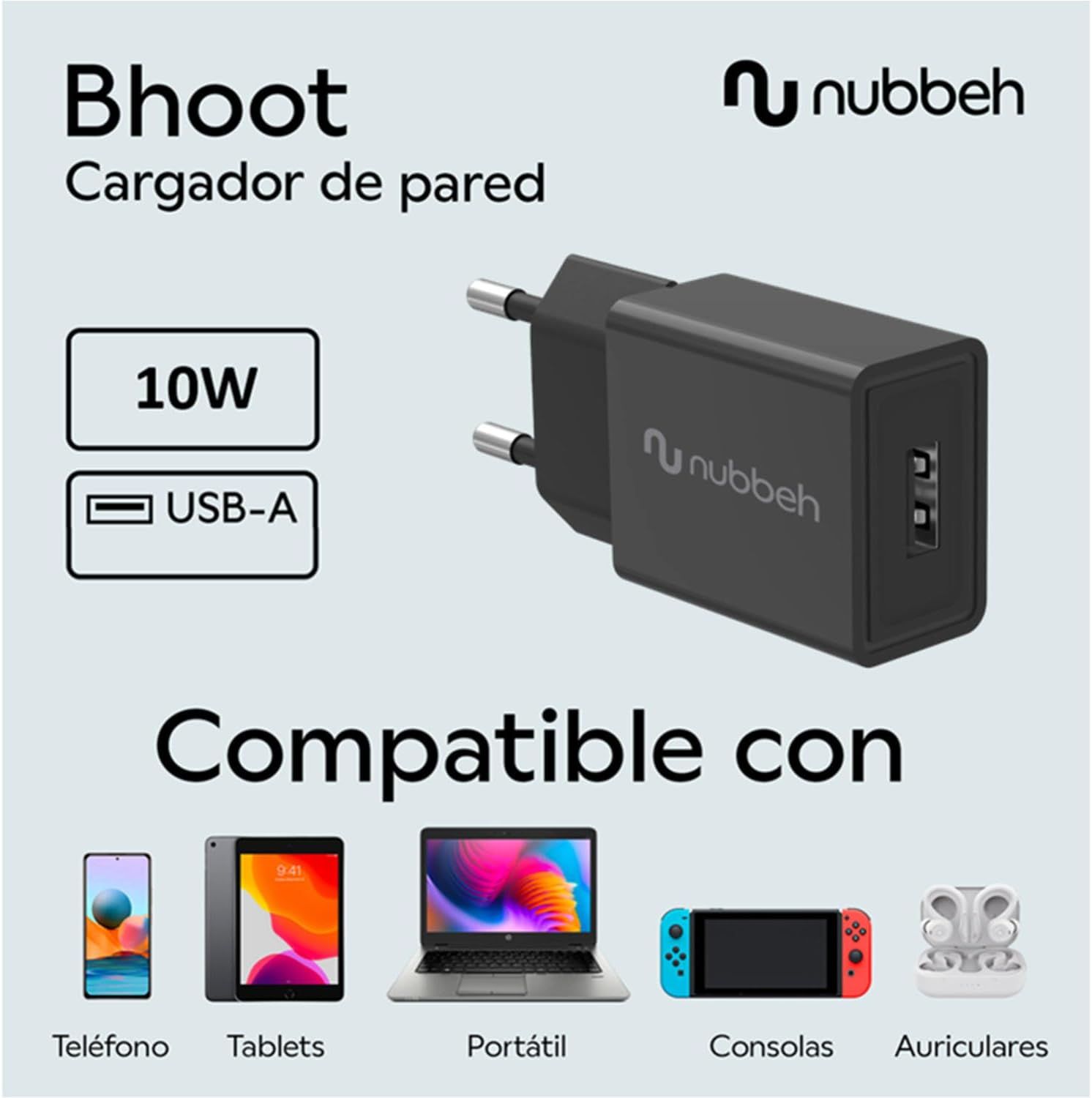 NBWALLCHUSBB10 - Cargador de Pared NUBBEH Bhoot 1xUSB-A 2A 10W Negro (NBWALLCHUSBB10)