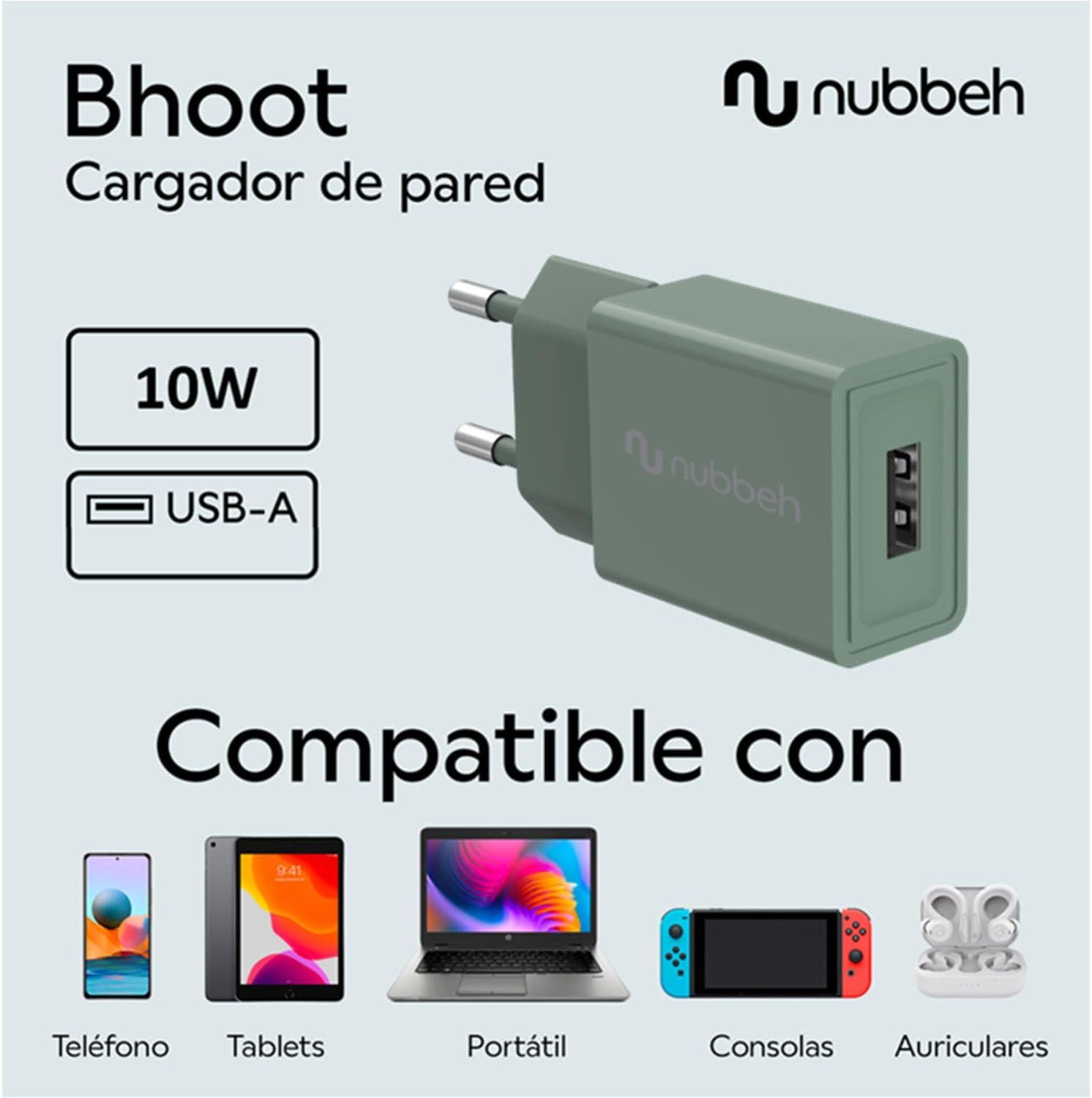 NBWALLCHUSBG10 - Cargador de Pared NUBBEH Bhoot 1xUSB-A 2A 10W Verde (NBWALLCHUSBG10)