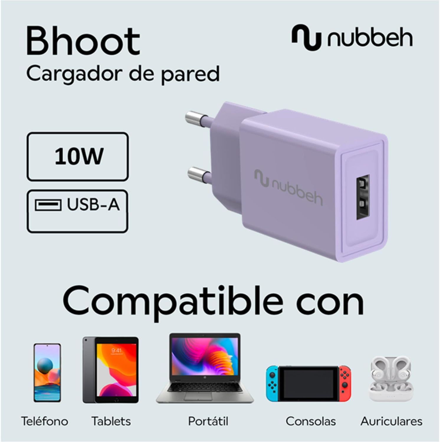NBWALLCHUSBP10 - Cargador de Pared NUBBEH Bhoot 1xUSB-A 2A 10W Lila (NBWALLCHUSBP10)