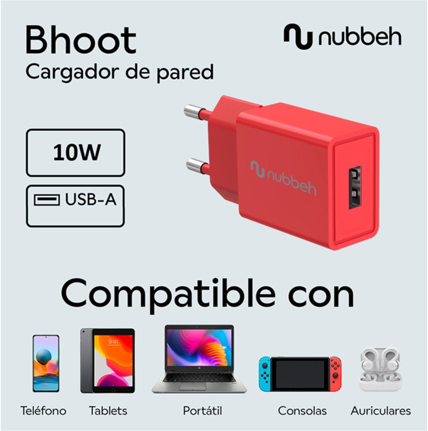 NBWALLCHUSBR10 - Cargador de Pared NUBBEH Bhoot 1xUSB-A 2A 10W Rojo (NBWALLCHUSBR10)
