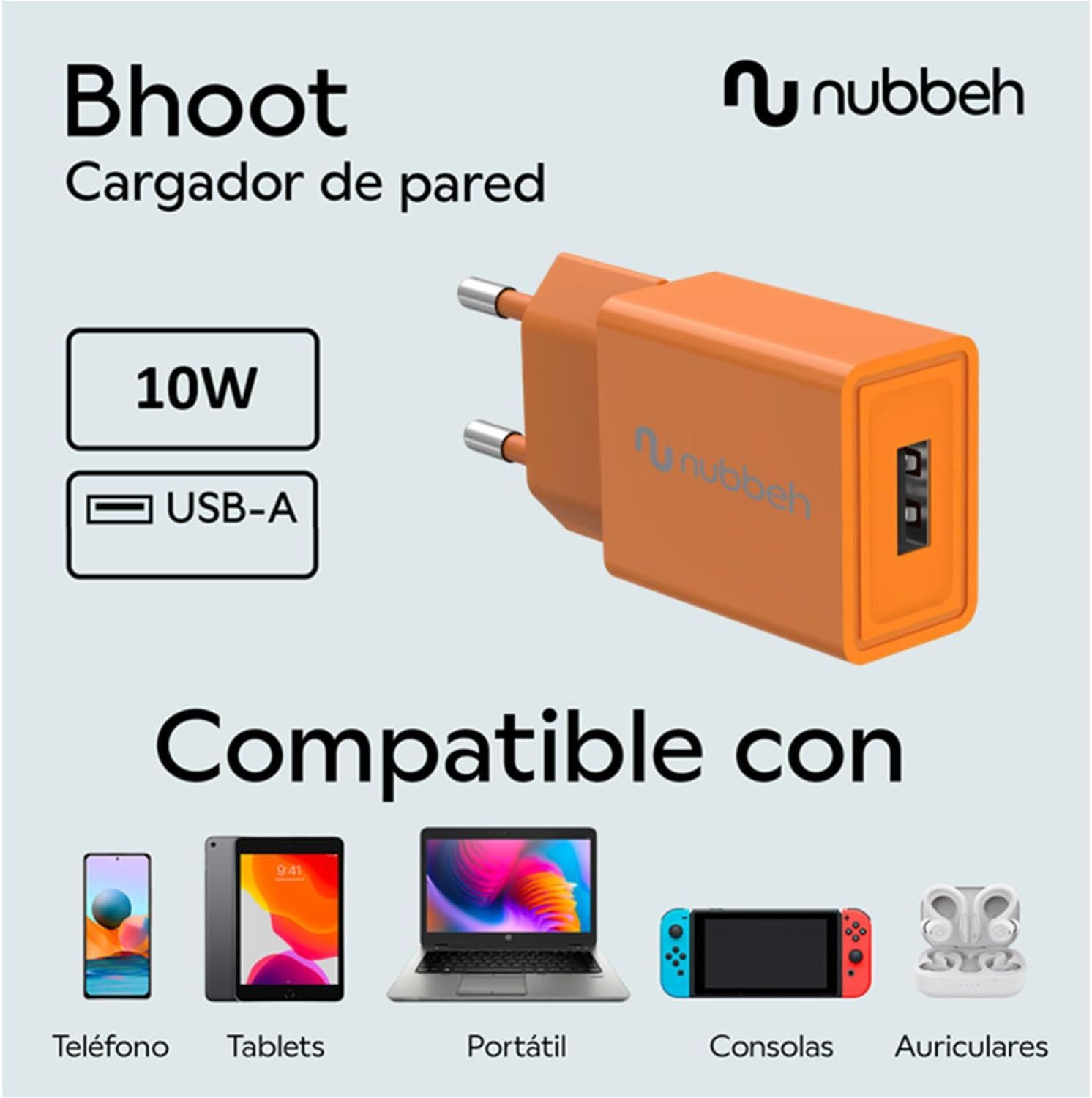 NBWALLCHUSBO10 - Cargador de Pared NUBBEH Bhoot 1xUSB-A 2A 10W Naranja (NBWALLCHUSBO10)