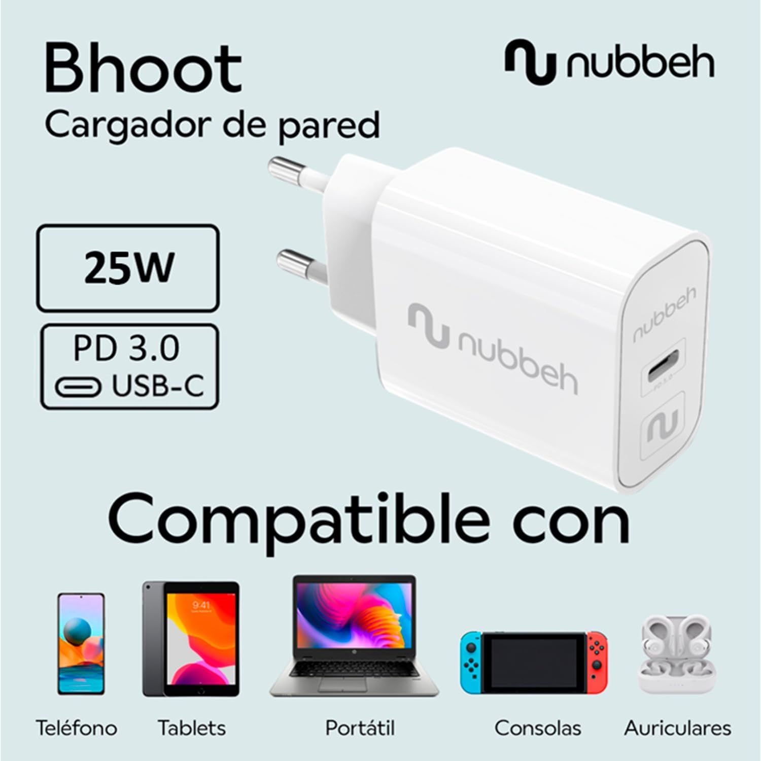 NBWALLCHCW25 - Cargador de Pared NUBBEH Bhoot 1xUSB-C PD 3.0 25W Blanco (NBWALLCHCW25)