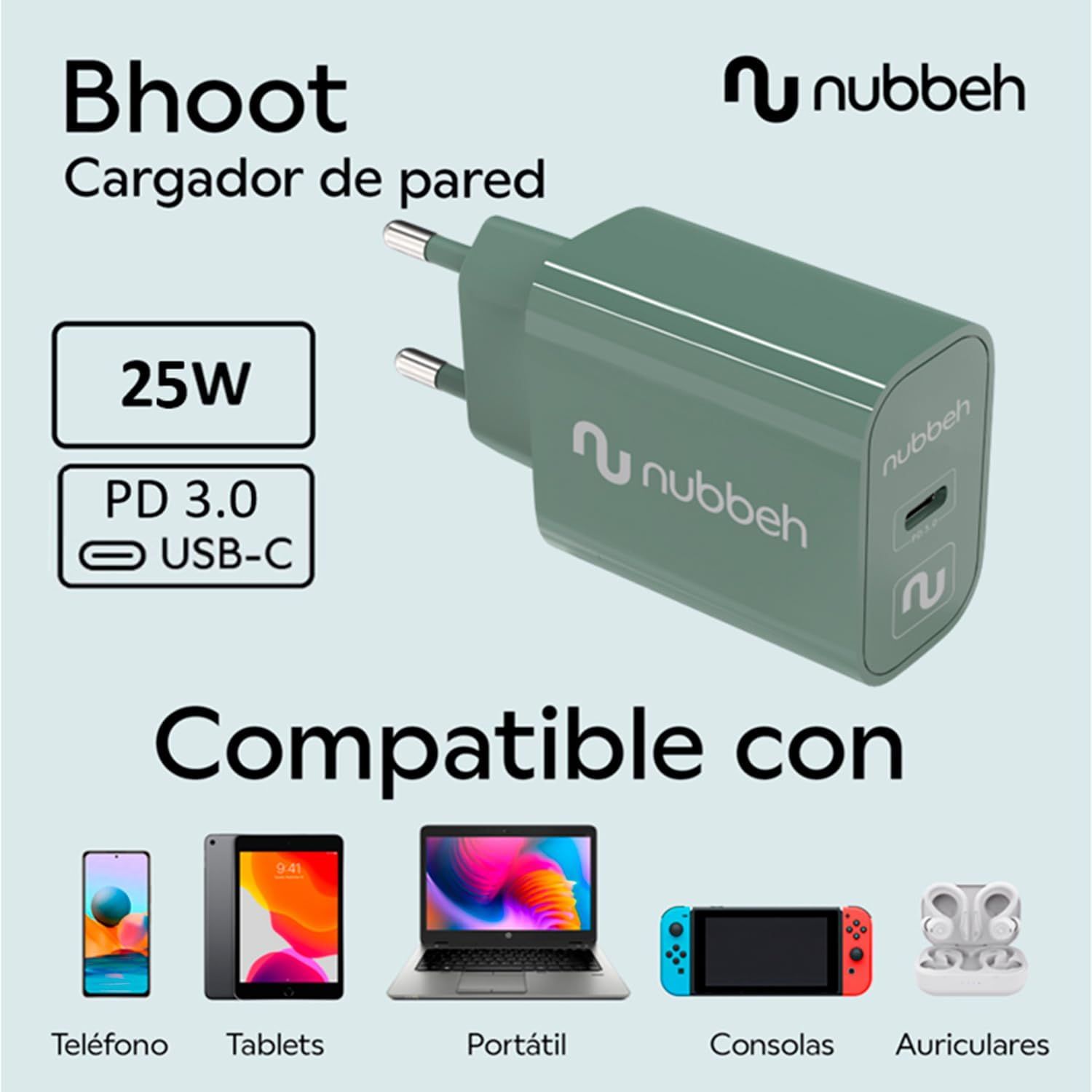NBWALLCHCG25 - Cargador de Pared NUBBEH Bhoot 1xUSB-C PD 3.0 25W Verde (NBWALLCHCG25)