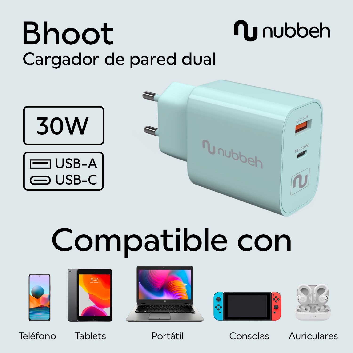 NBWALLCHT - Cargador de Pared NUBBEH Booth USB-C 30W Quick Charger 4.0/3.0 PD 3.0 Turquesa (NBWALLCHT)